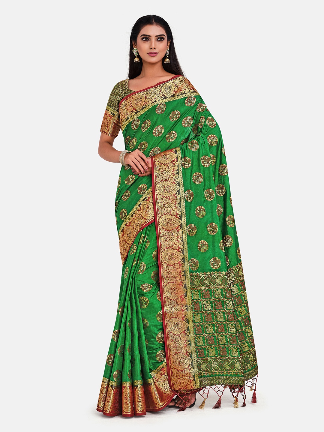

MIMOSA Green & Maroon Ethnic Motifs Zari Art Silk Kanjeevaram Saree