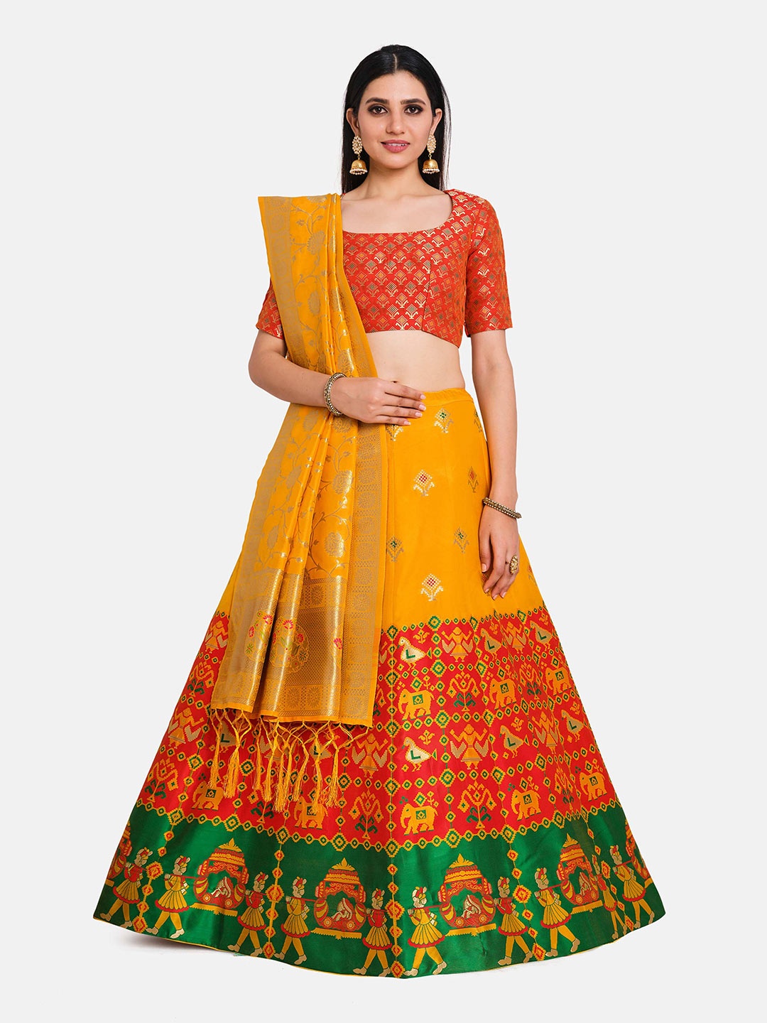 MIMOSA Women Yellow & Orange Semi-Stitched Lehenga & Unstitched Blouse With Dupatta