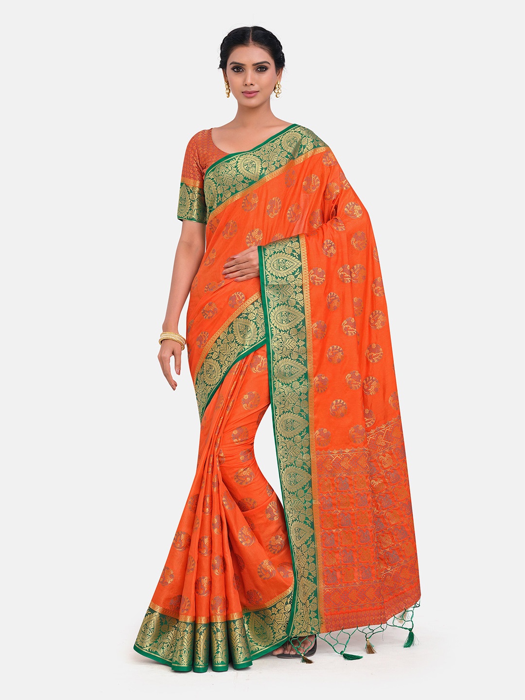 

MIMOSA Orange & Green Woven Design Art Silk Kanjeevaram Saree