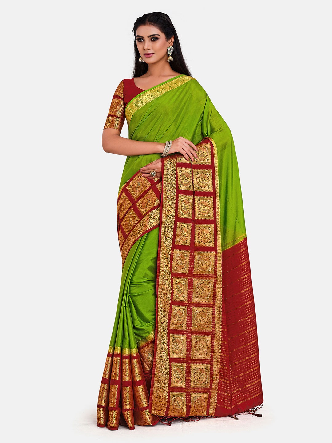 

MIMOSA Green & Maroon Woven Design Zari Mysore Silk Saree