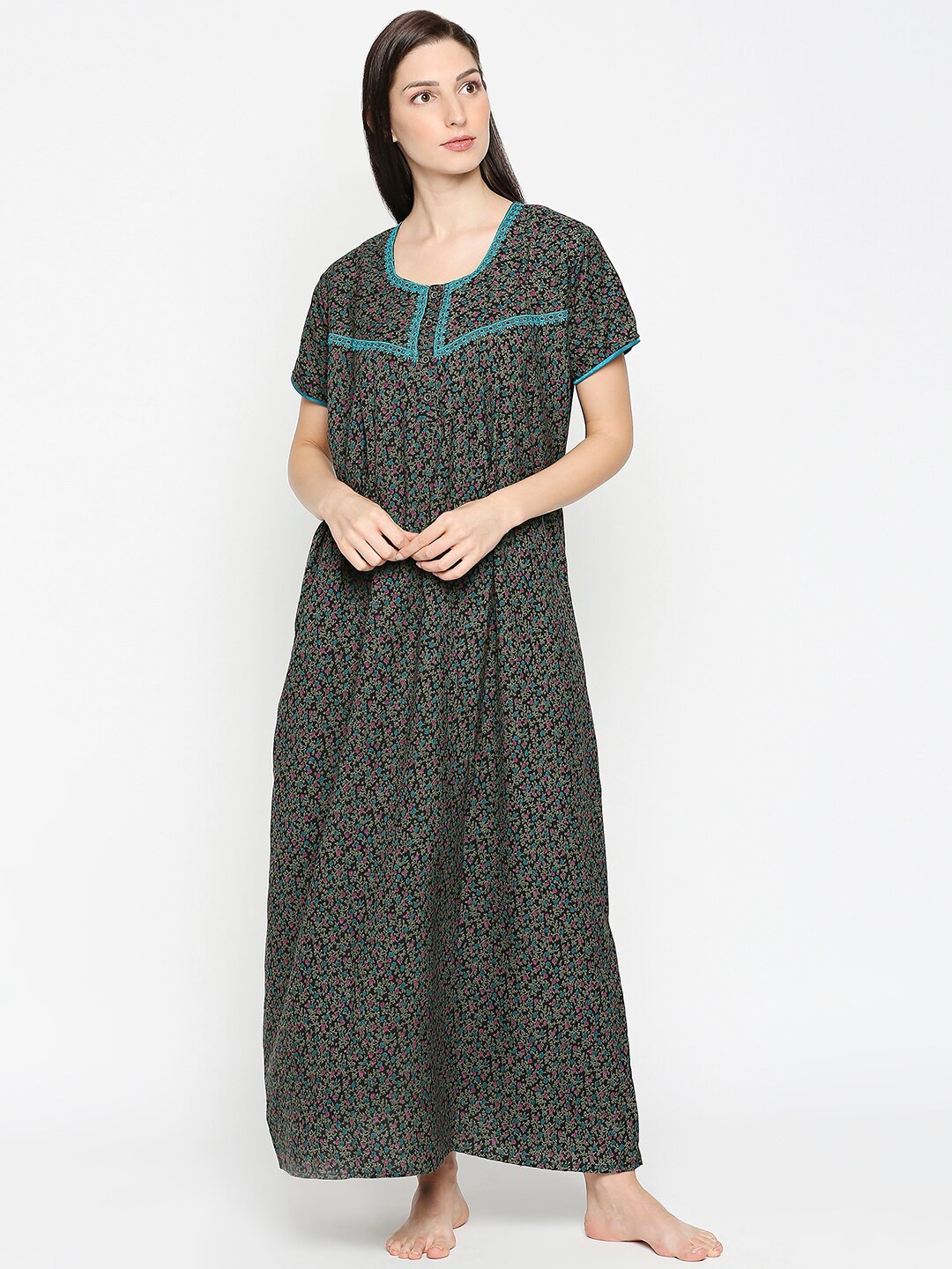 

Pretty Awesome Women Black Printed Maxi Nightdress