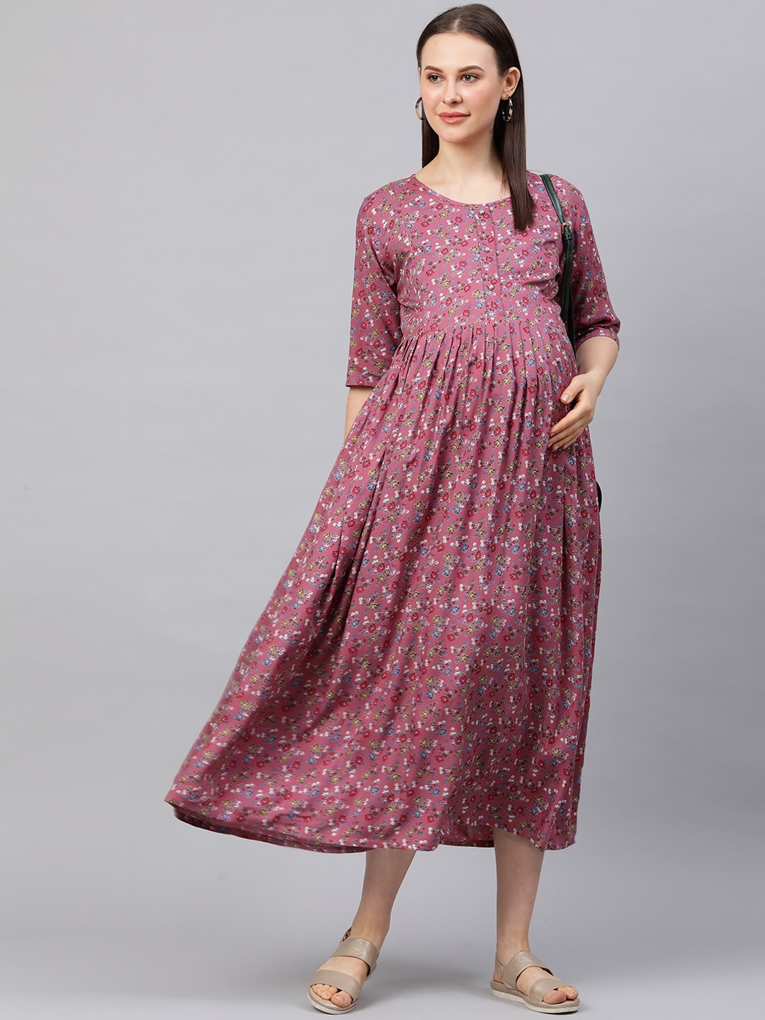 

MomToBe Pink Floral A-Line Midi Maternity Nursing Dress