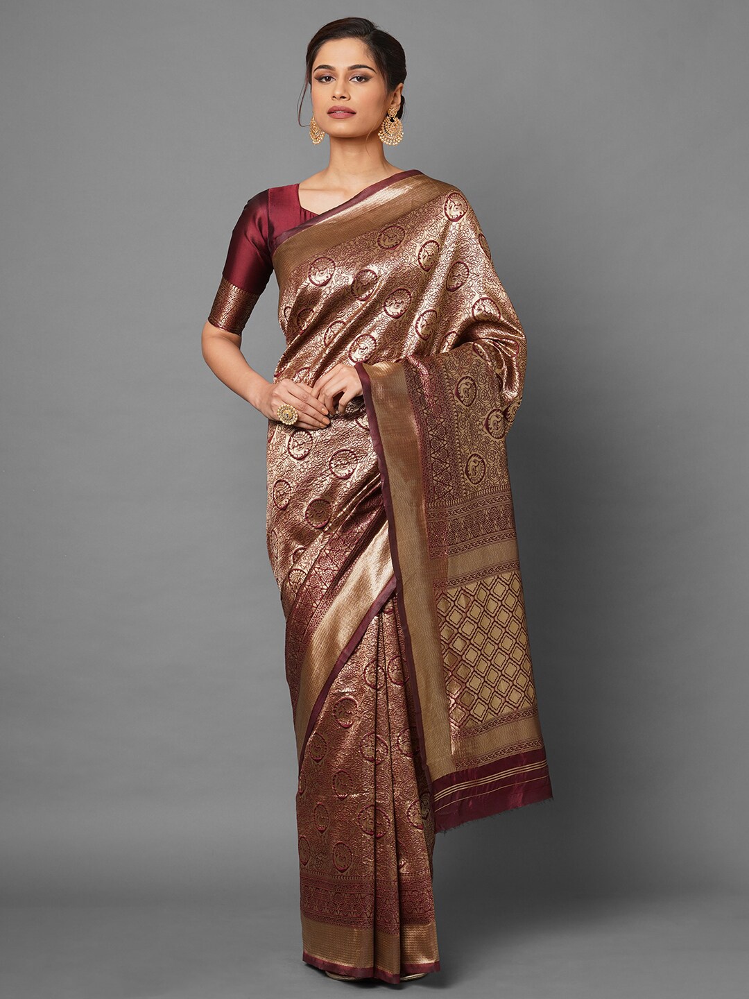 

Saree mall Maroon & Gold-Toned Ethnic Motifs Zari Silk Blend Banarasi Sarees