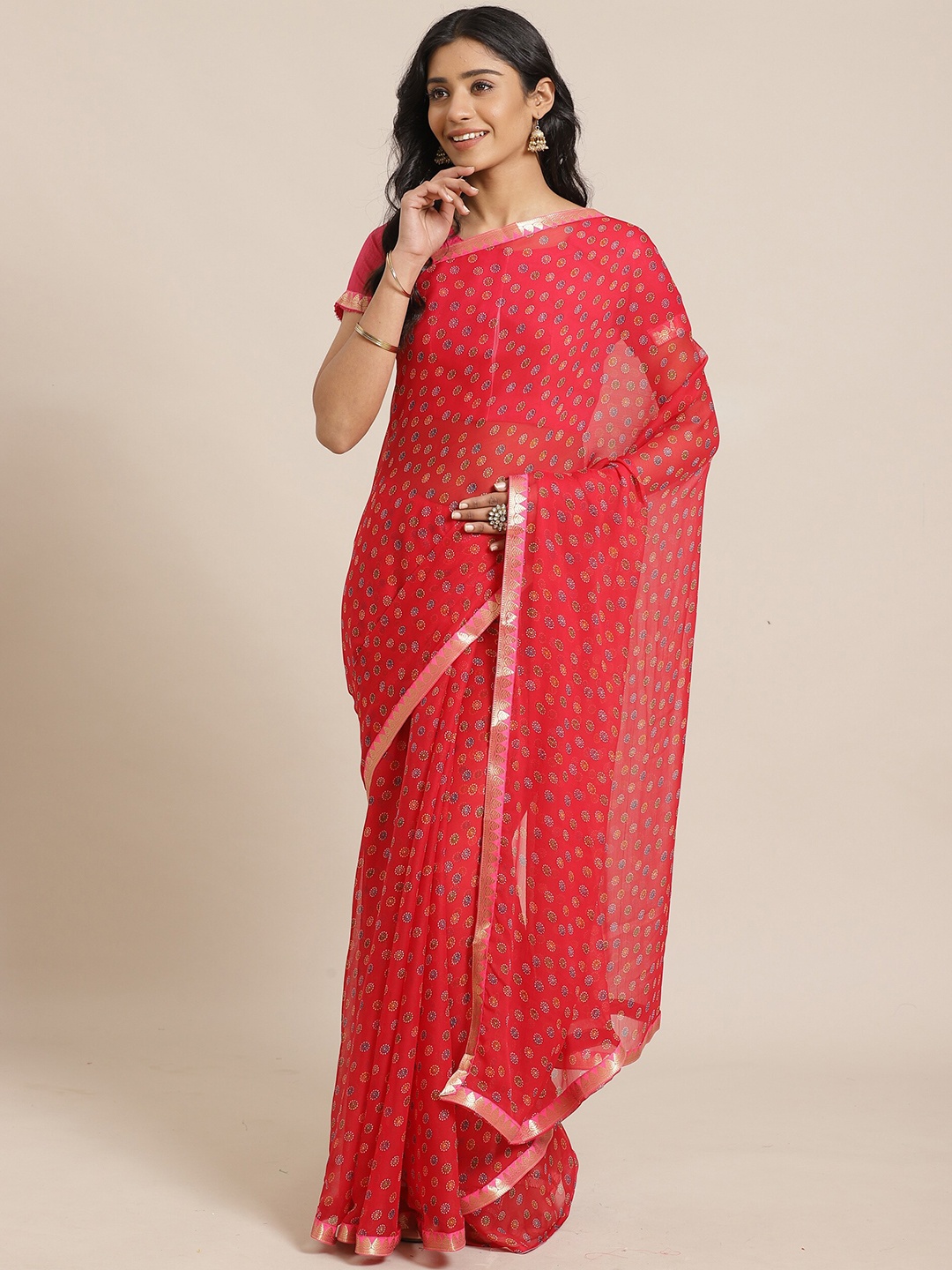 

Saree mall Pink & Gold-Toned Ethnic Motifs Sarees