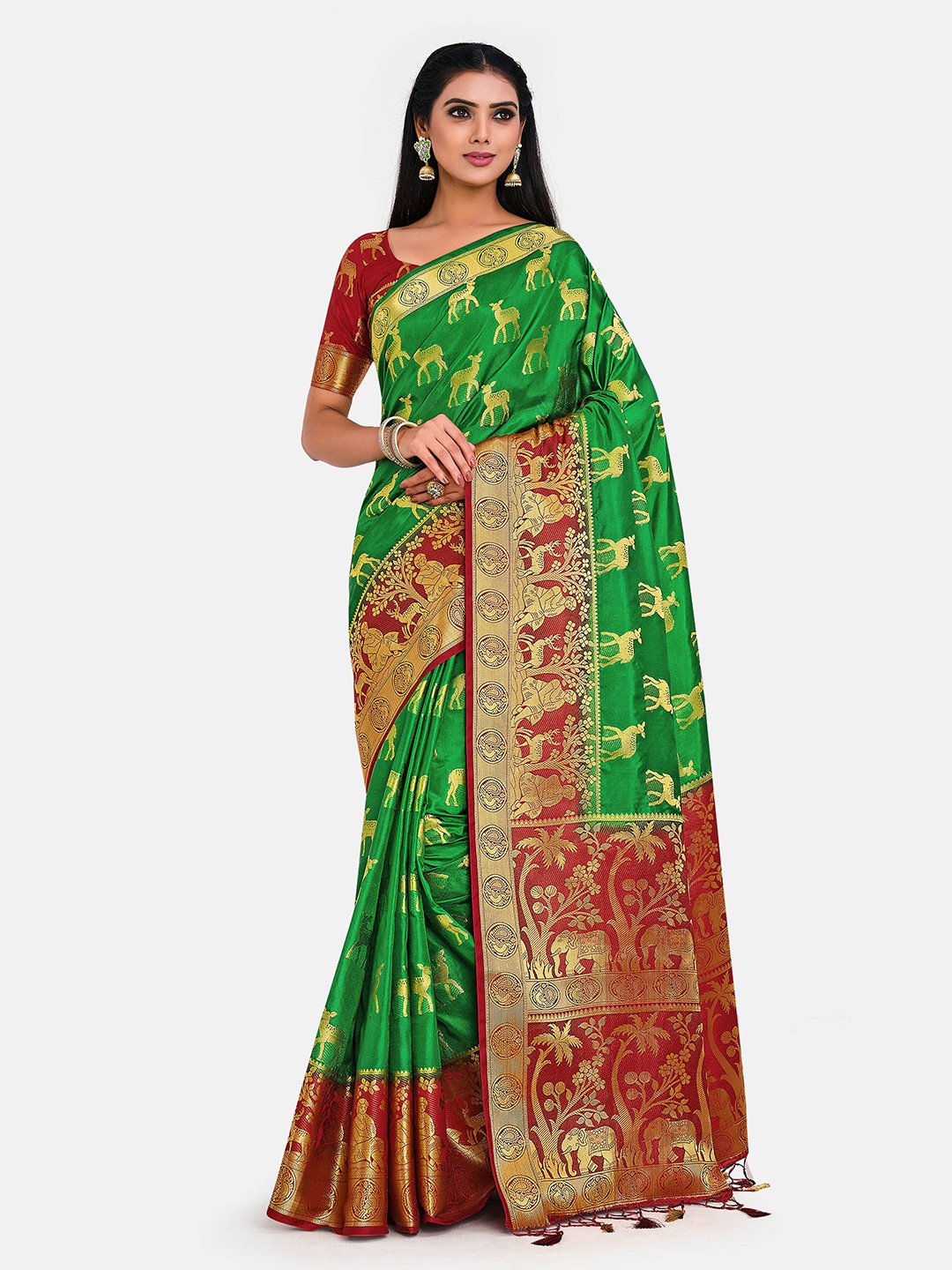 

MIMOSA Green & Red Ethnic Motifs Zari Art Silk Kanjeevaram Saree