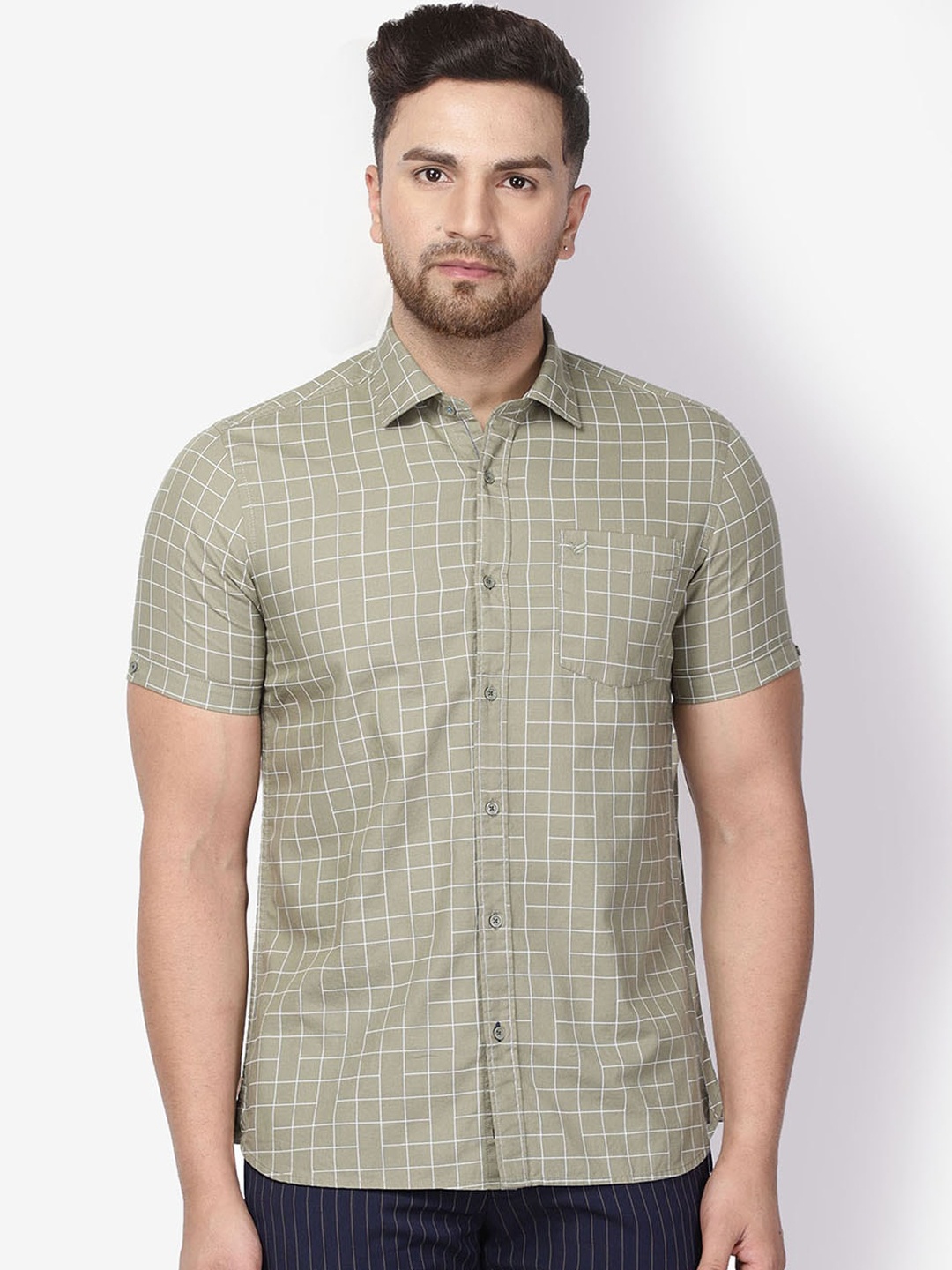 

Blackberrys Men Olive Phoenix Skinny Fit Windowpane Checks Checked Casual Shirt