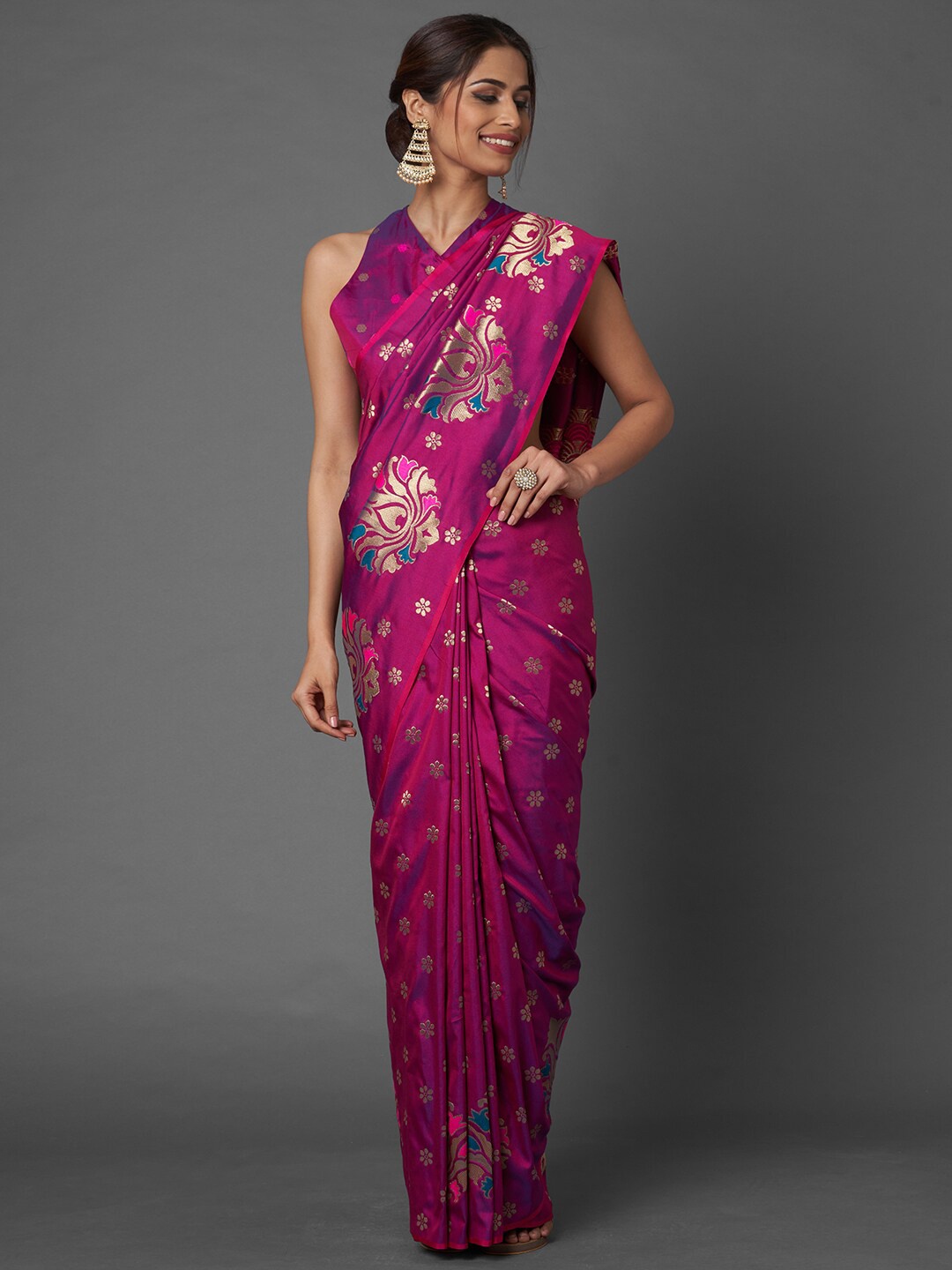 

Saree mall Magenta & Gold-Toned Woven Design Zari Silk Blend Banarasi Sarees