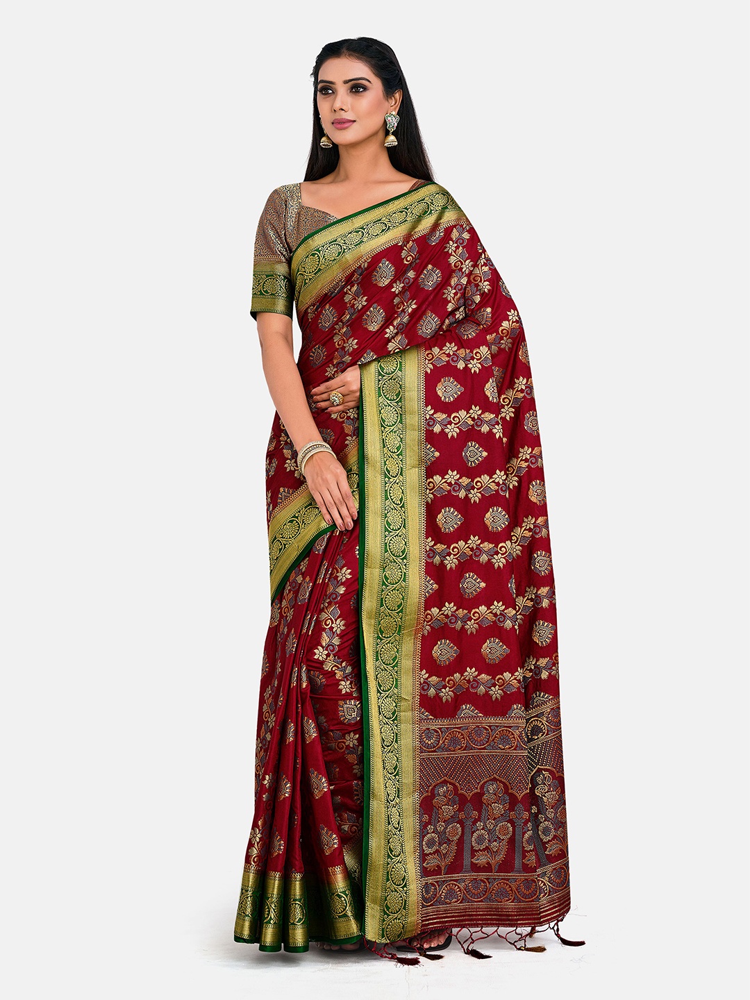 

MIMOSA Maroon & Green Woven Design Art Silk Kanjeevaram Saree