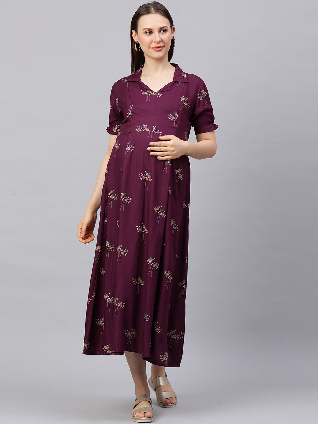 

MomToBe Purple Floral A-Line Midi Maternity Nursing Sustainable Dress, Burgundy