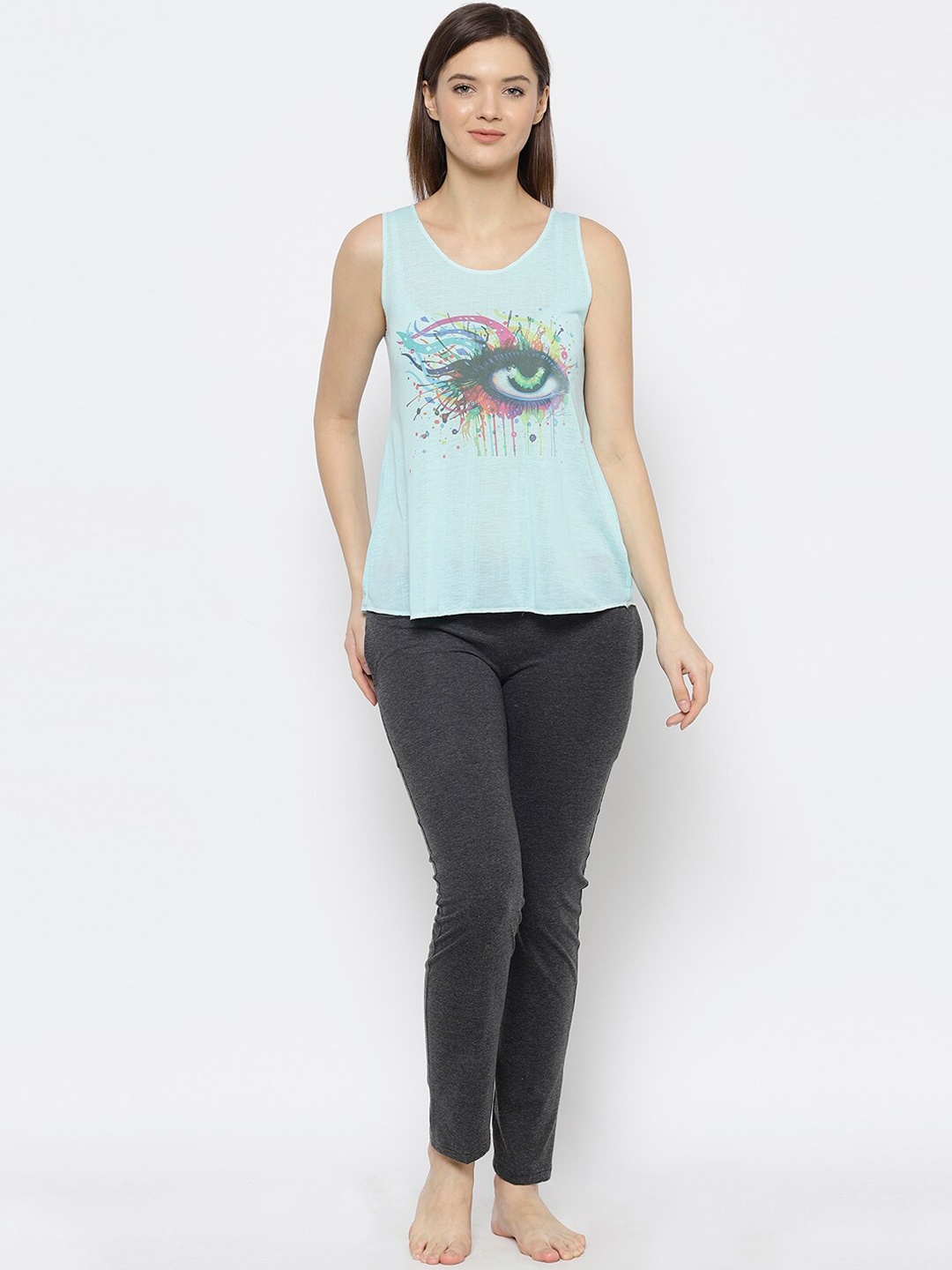VIMAL JONNEY Women Sea Green & Grey Printed Night Suit