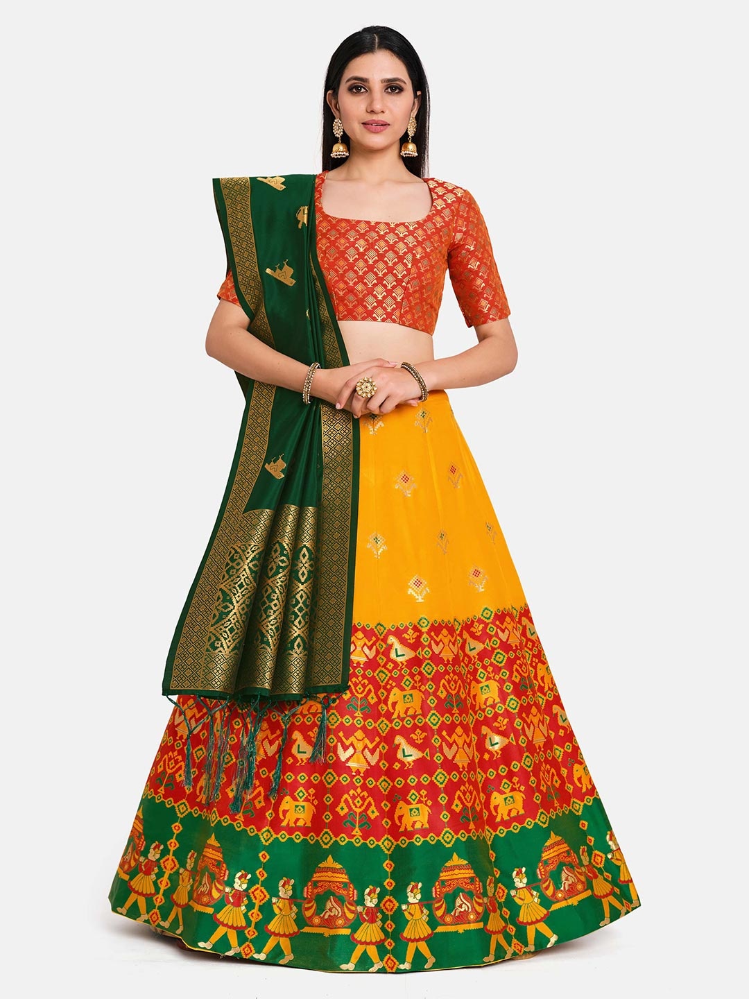 

MIMOSA Women Red & Green Semi-Stitched Lehenga & Unstitched Blouse With Dupatta, Yellow