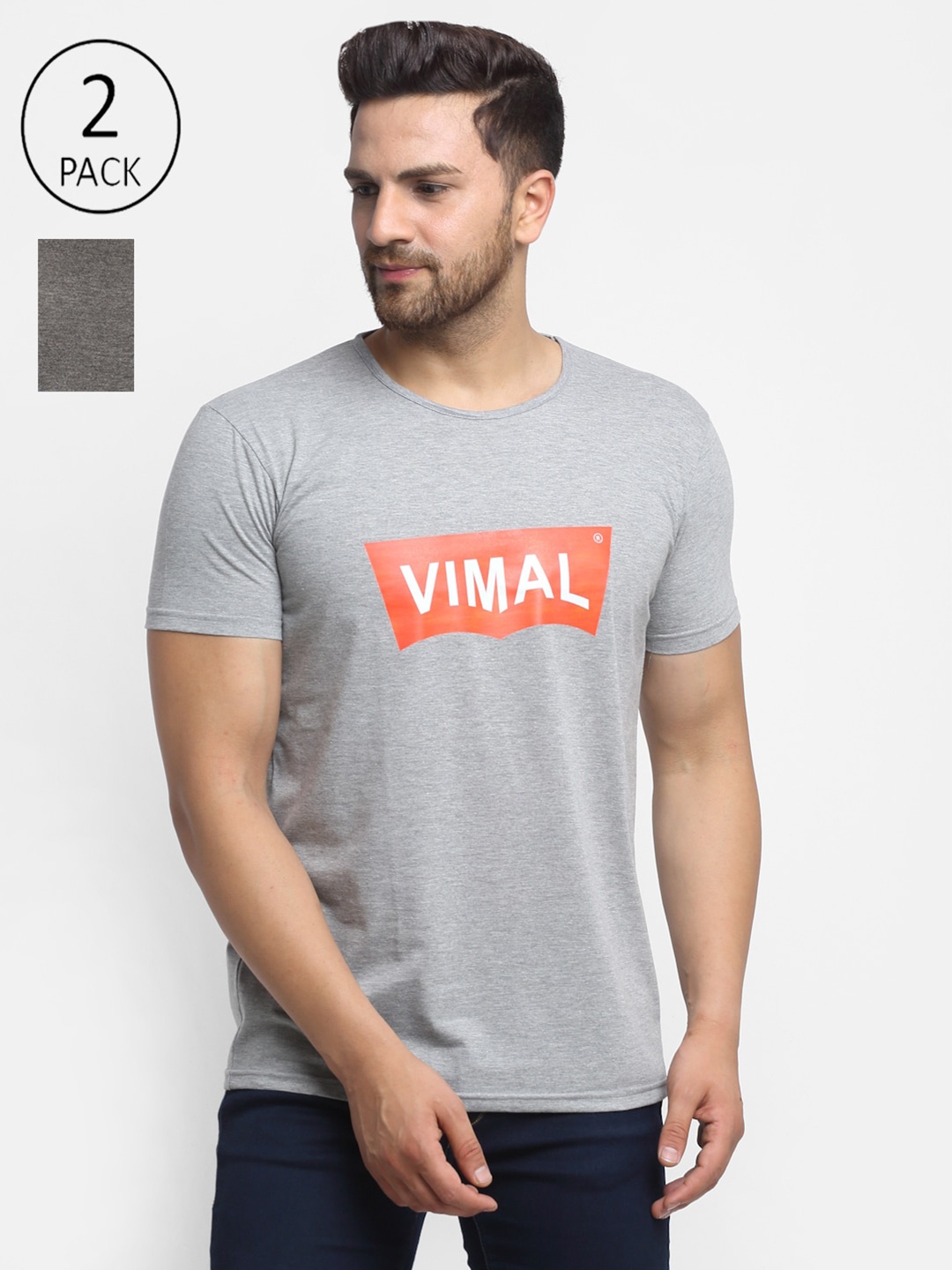 

VIMAL JONNEY Men Grey Typography Set of 2 Printed T-shirt