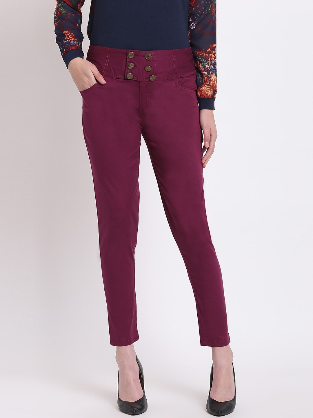 RIVI Women Burgundy Slim Fit Regular Trousers