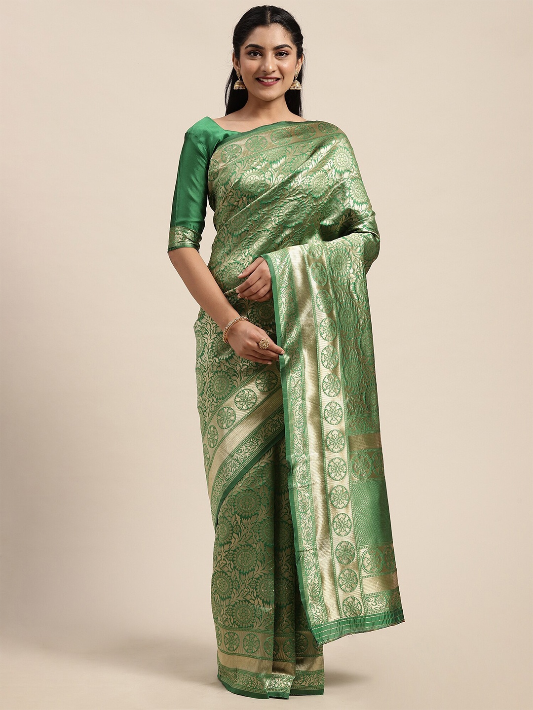 

Saree mall Green & Gold-Toned Ethnic Motifs Zari Silk Blend Banarasi Sarees