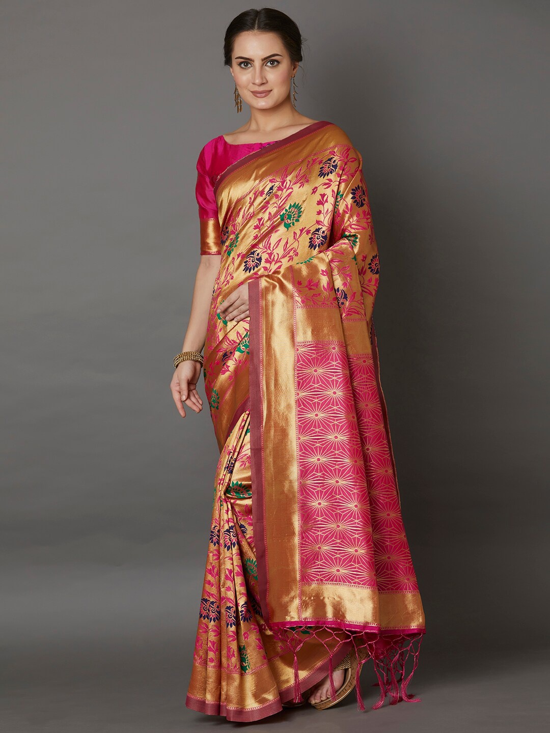 

Saree mall Gold Floral Zari Silk Blend Banarasi Sarees