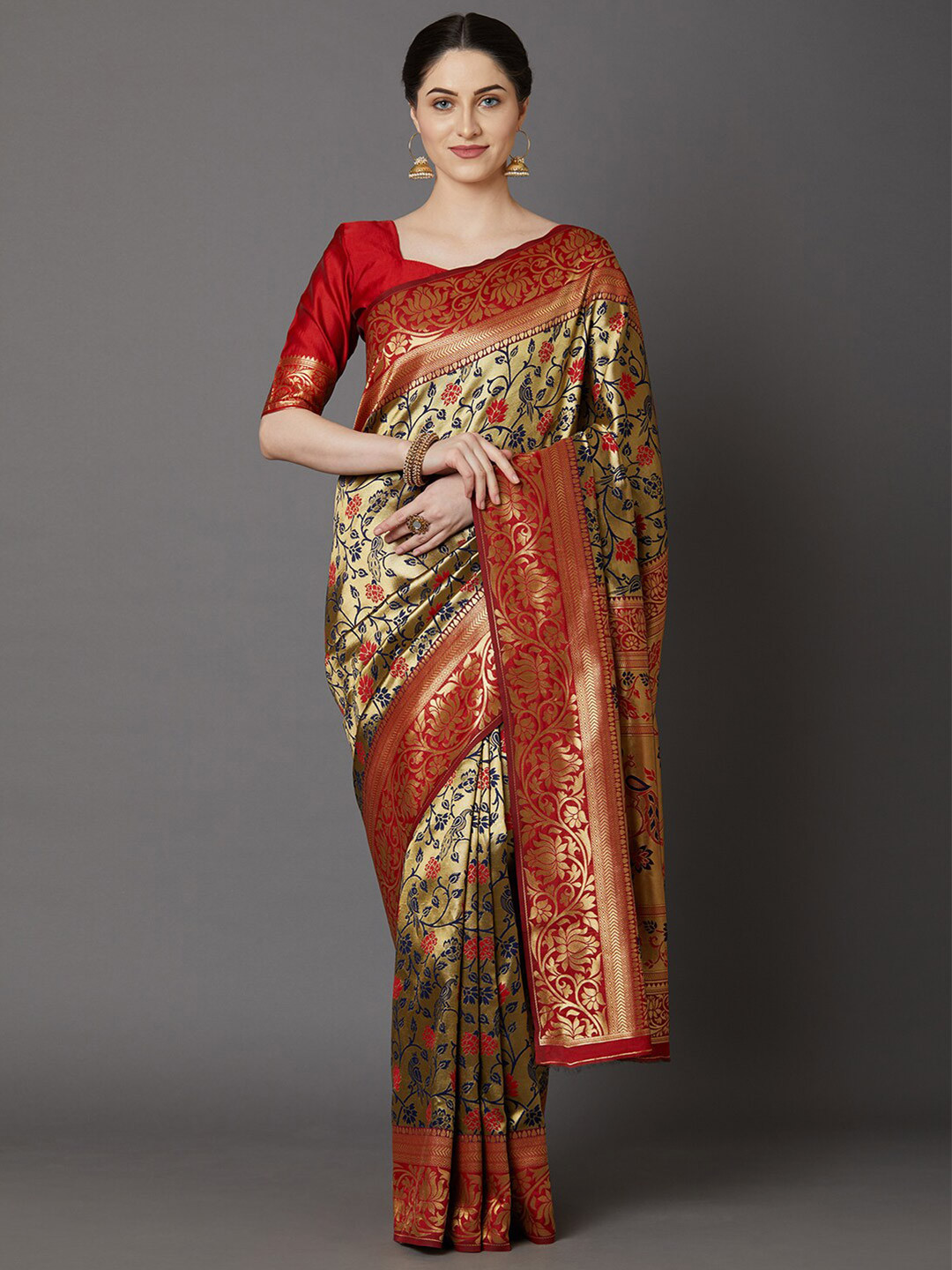

Saree mall Gold & Red Floral Zari Silk Blend Sarees