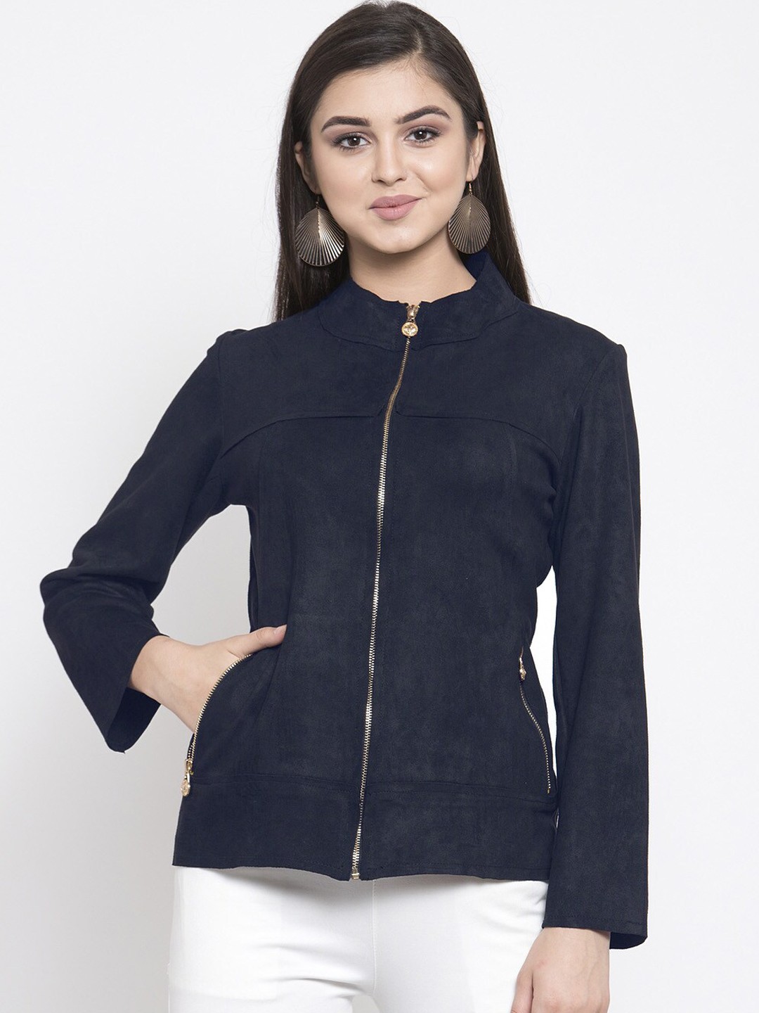 

Purple Feather Women Navy Blue Suede Open Front Jacket