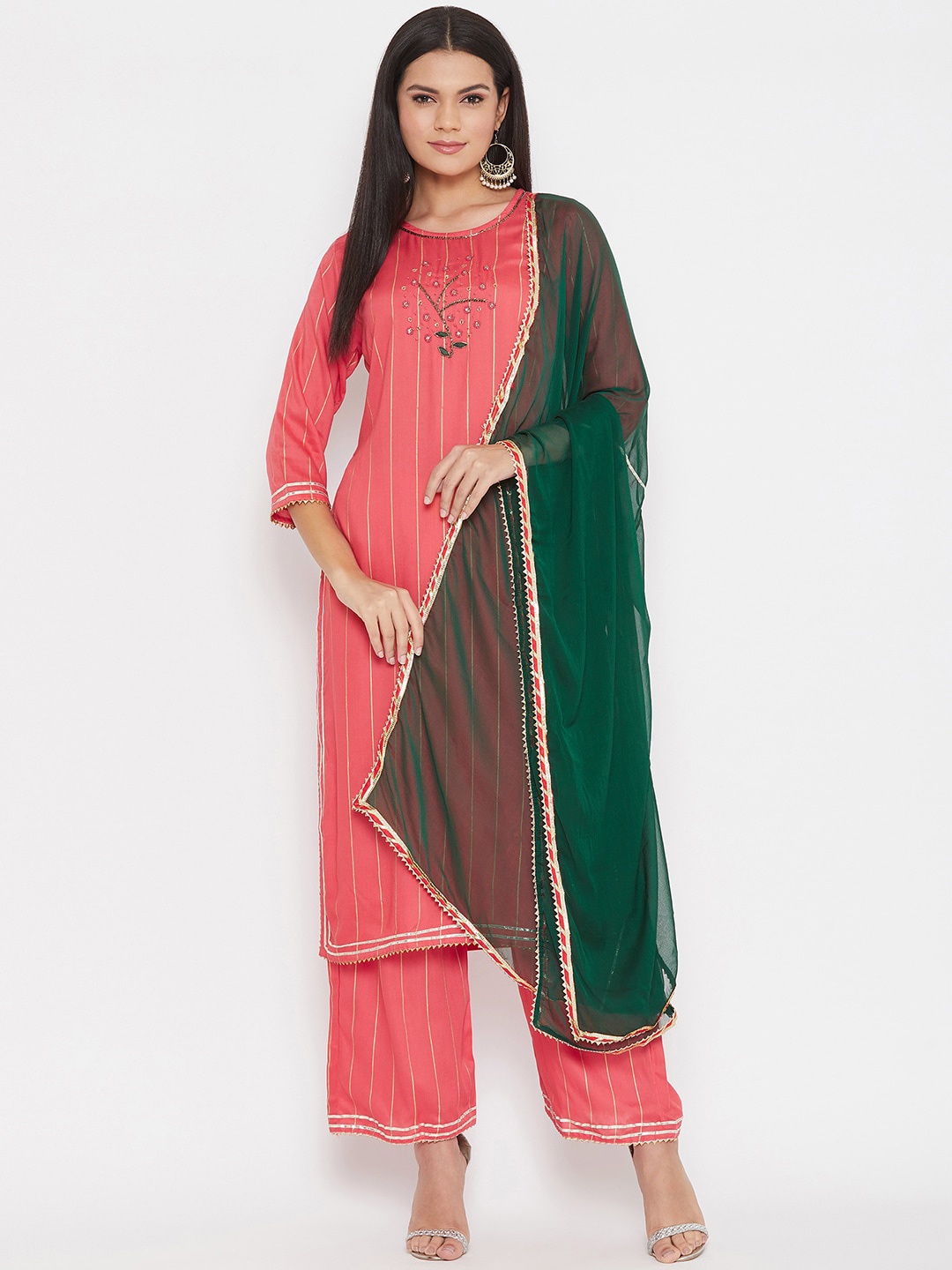 

Prakhya Women Pink Ethnic Motifs Embroidered Empire Kurti with Palazzos & With Dupatta