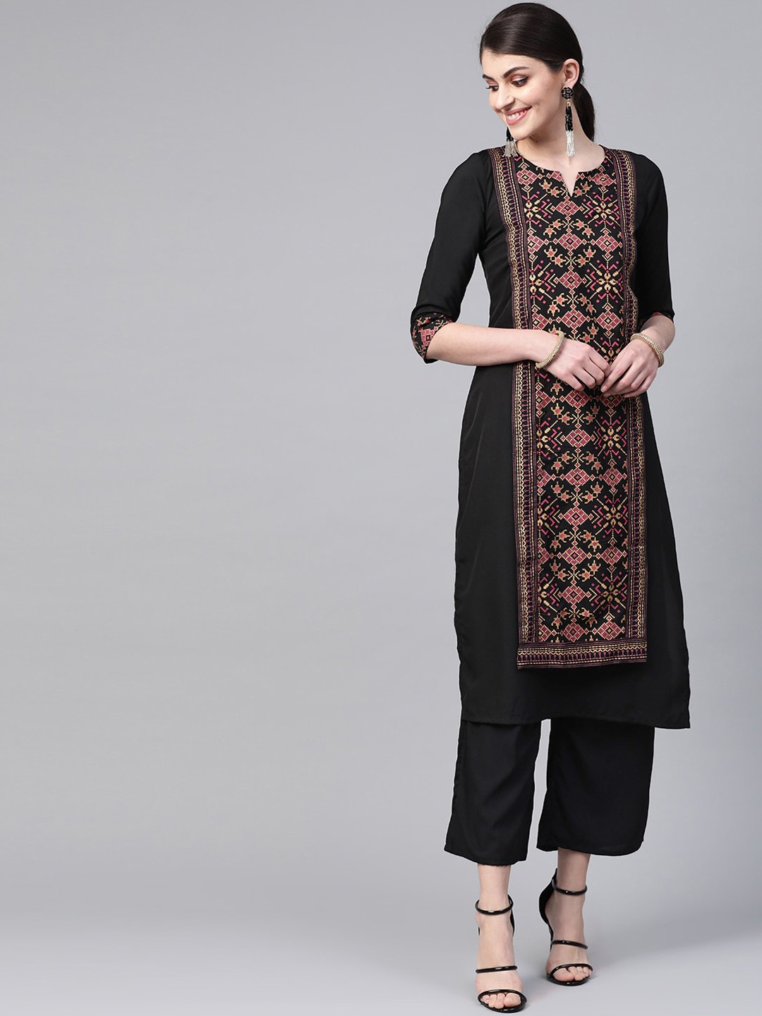 

ZIYAA Women Black Printed Layered Kurta with Trousers & With Dupatta