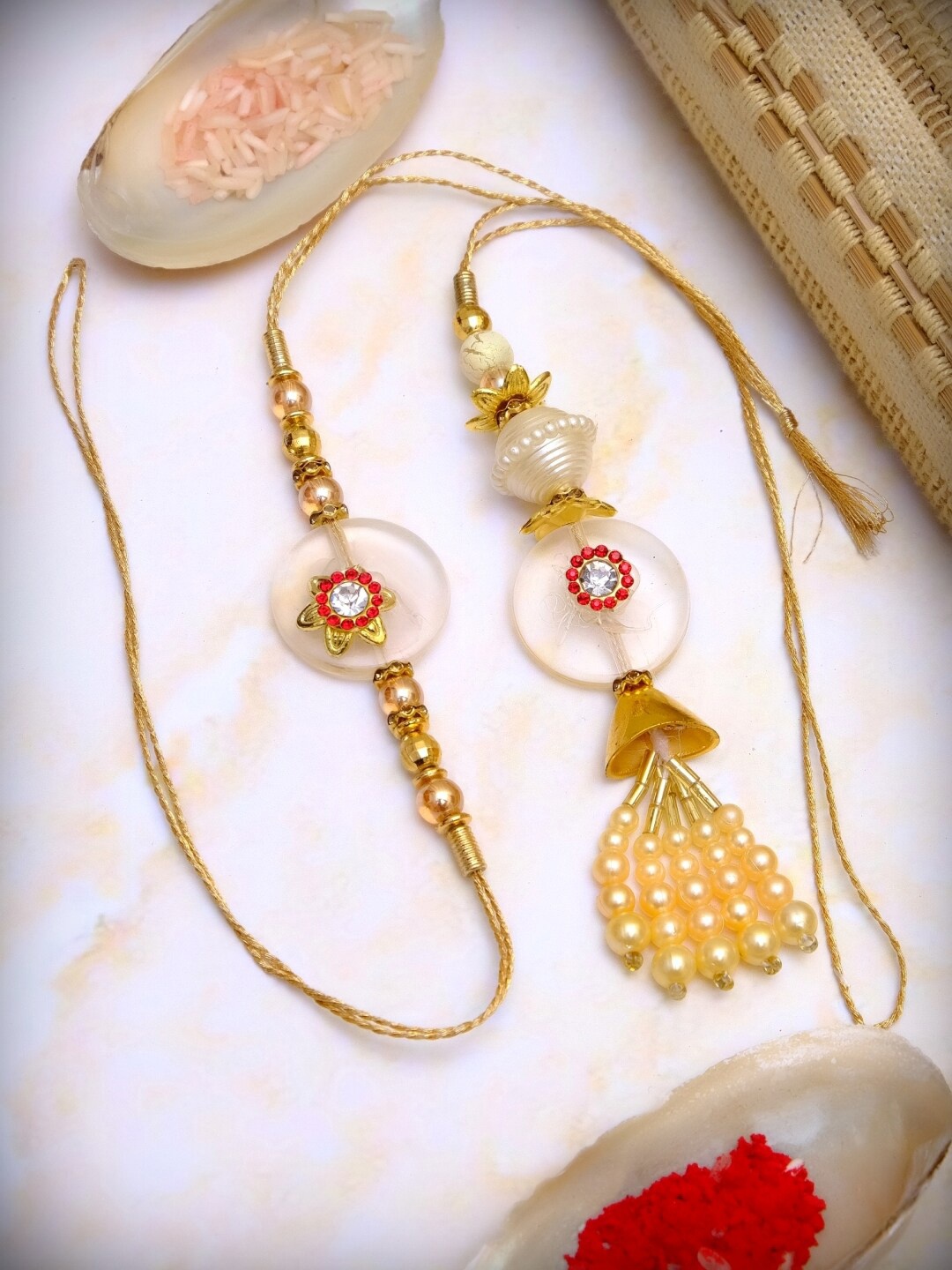 

Crunchy Fashion Kundan Rakhi Combo With Roli & Chawal, Gold