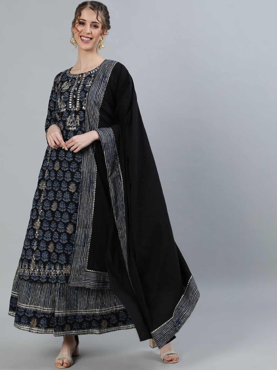 

Ishin Pure Cotton Printed Kurta With Sharara & Dupatta, Black