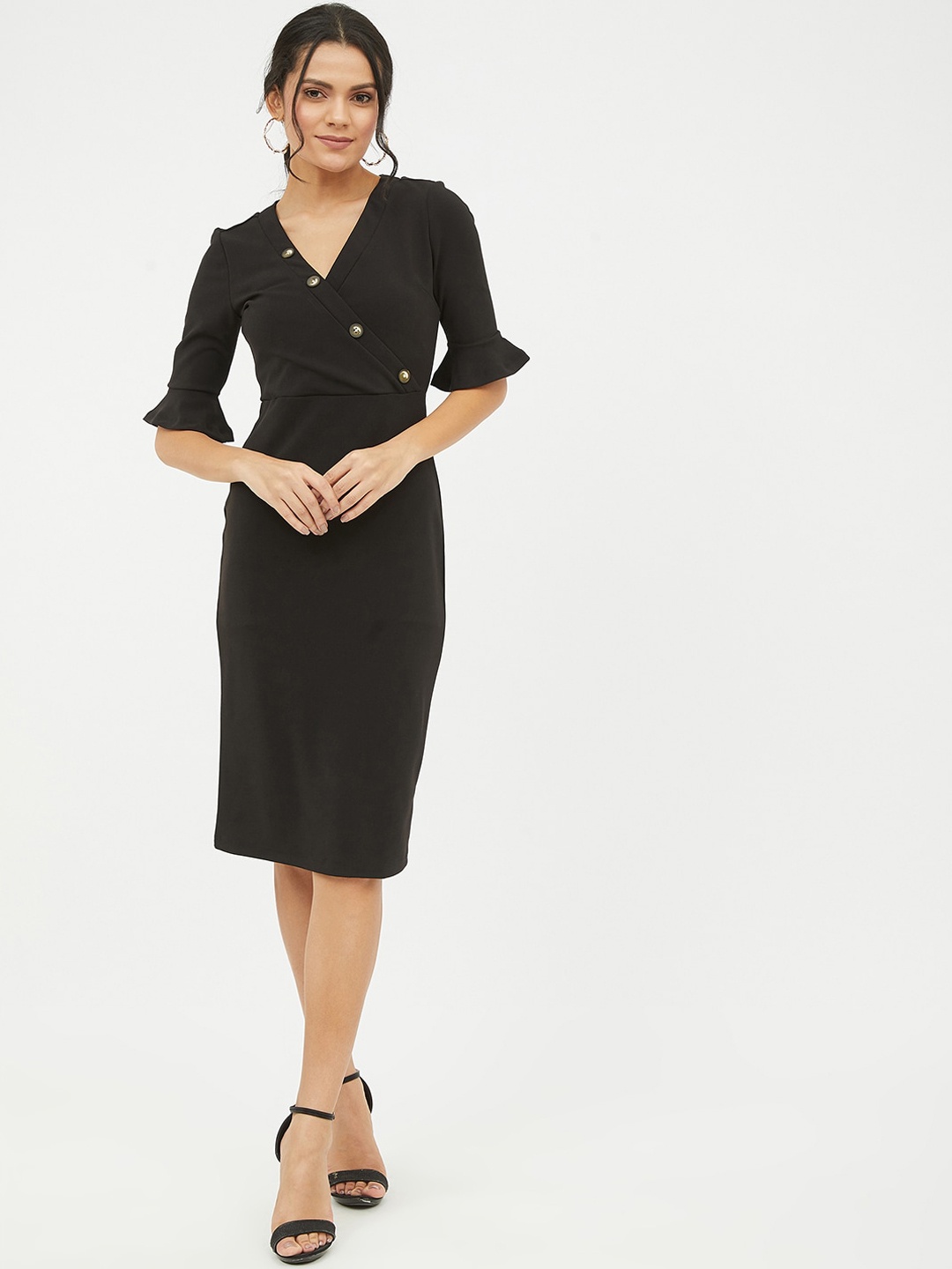 

Harpa Women Black Wrap Knee Length Dress