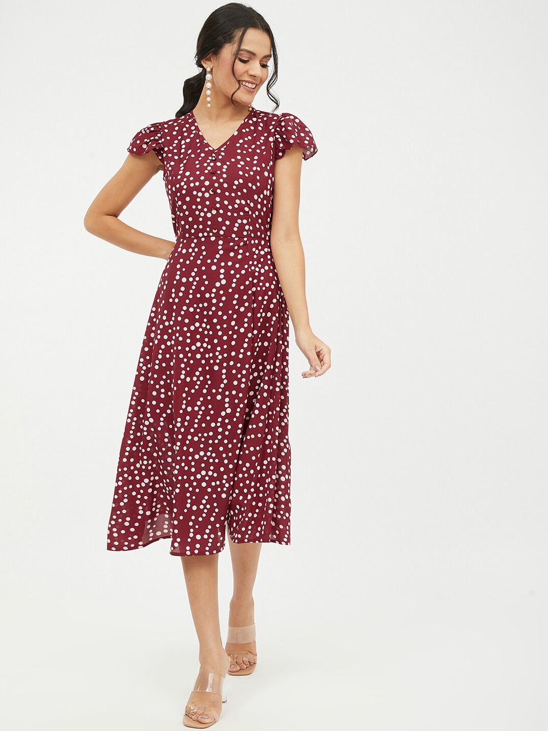 

Harpa Women Maroon & White Polka Dots Printed Midi-Length Fit & flare Dress