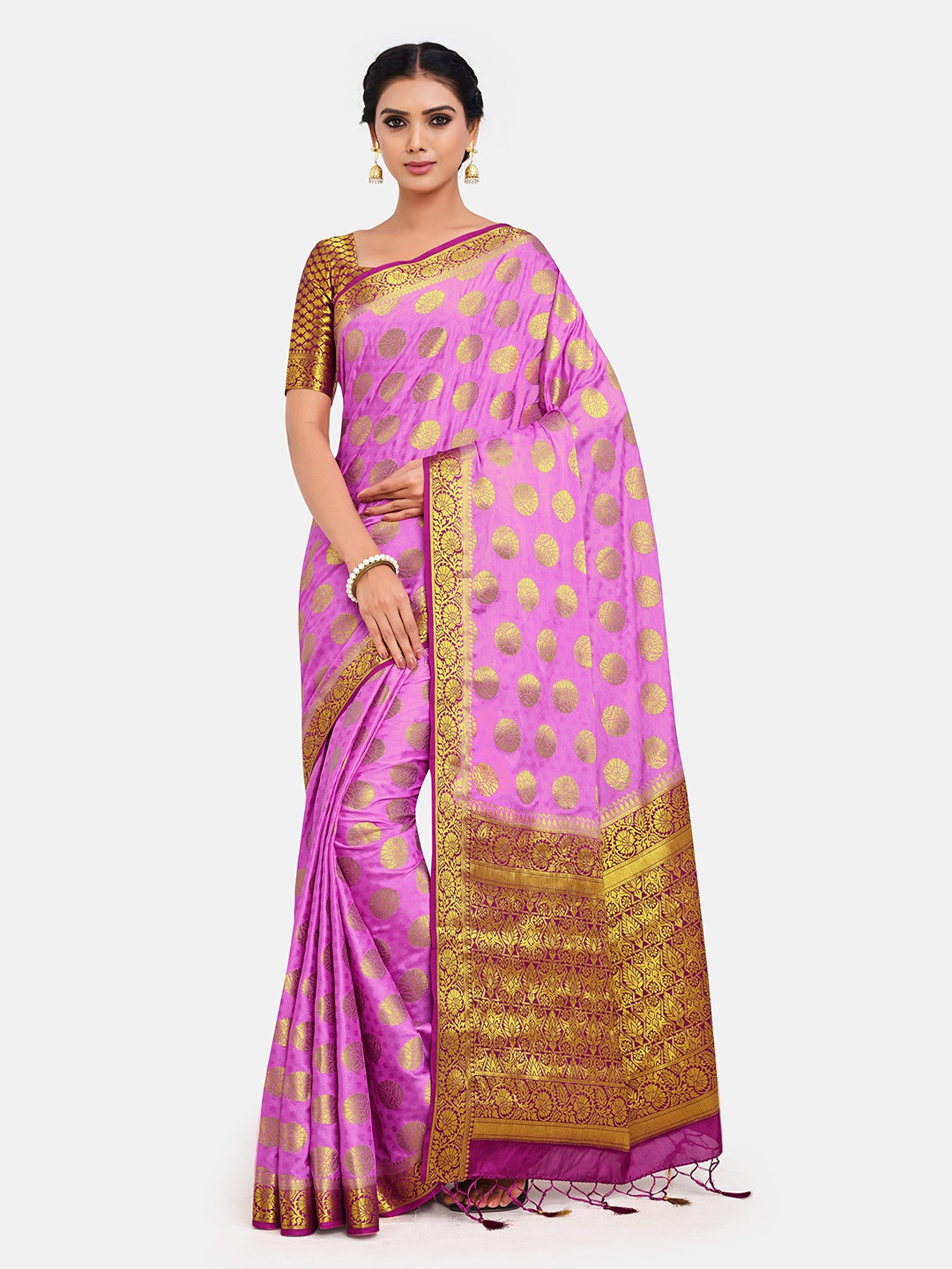 

MIMOSA Pink & Gold-Toned Ethnic Motifs Zari Mysore Silk Saree