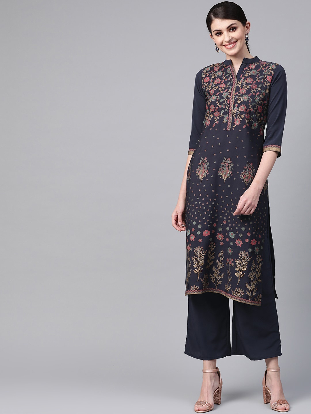 

ZIYAA Women Navy Blue Floral Printed Kurta with Palazzos