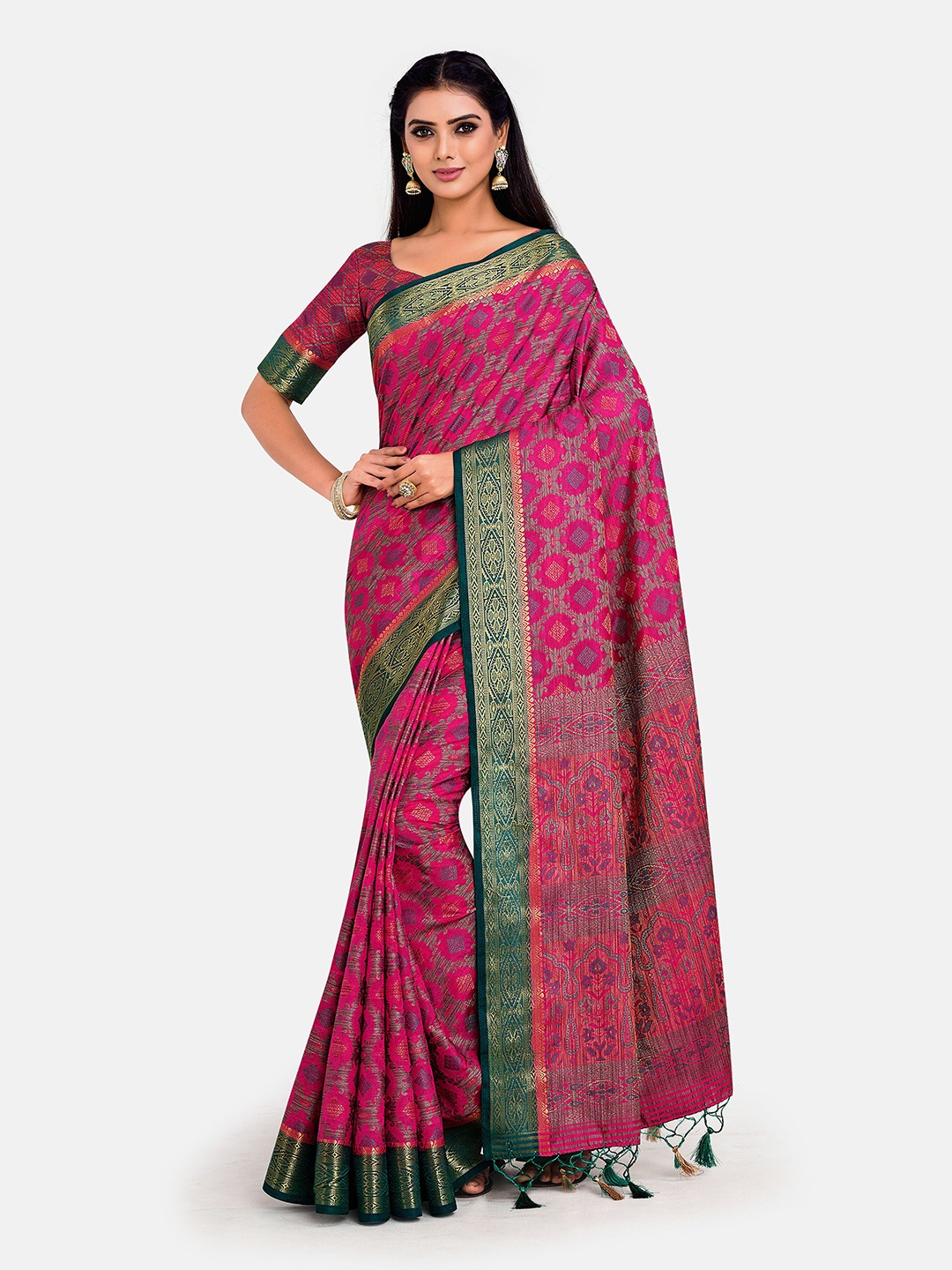

MIMOSA Pink & Green Ethnic Motifs Art Silk Kanjeevaram Saree