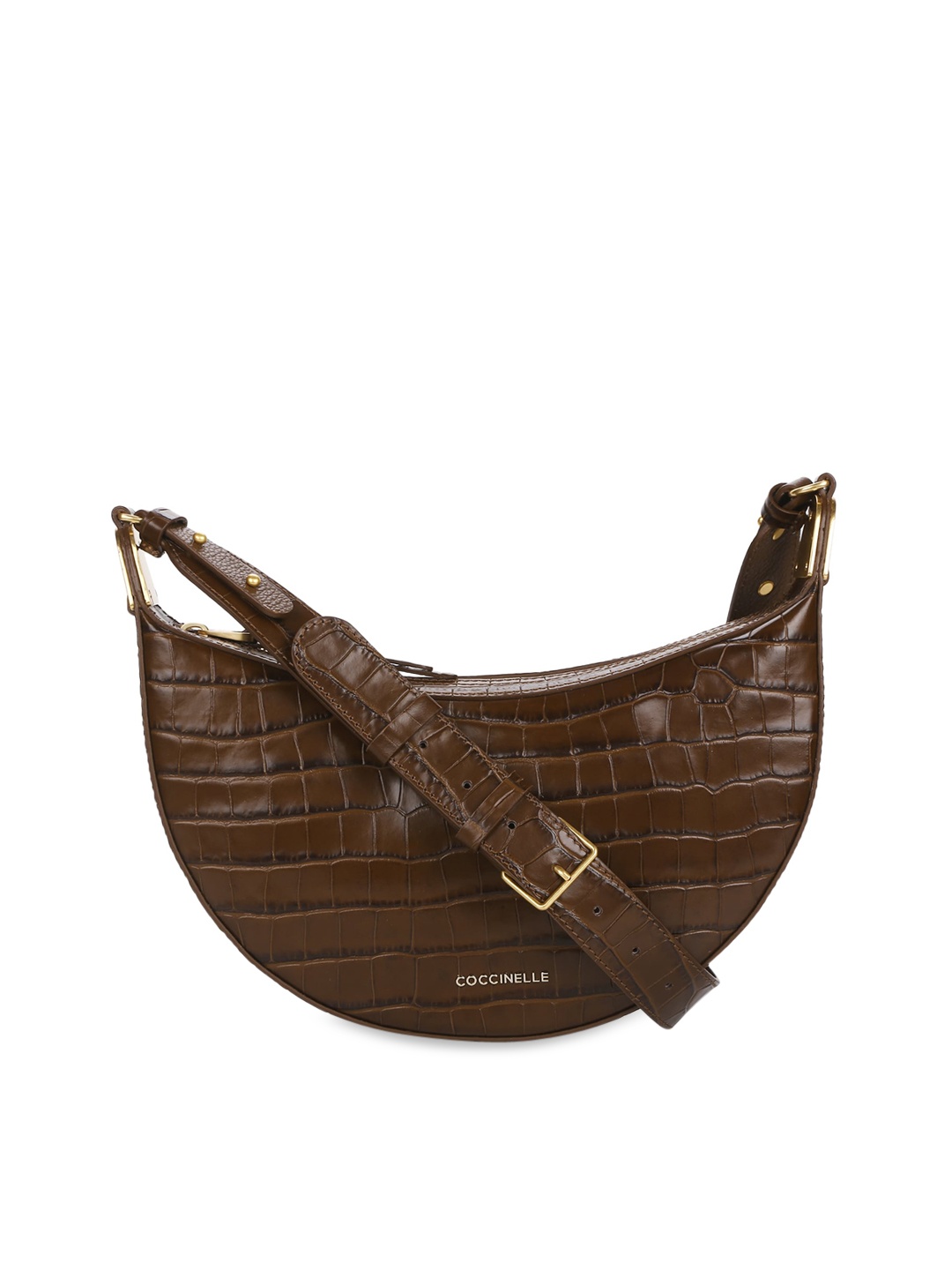 

Coccinelle Brown Animal Textured Leather Half Moon Sling Bag with Quilted