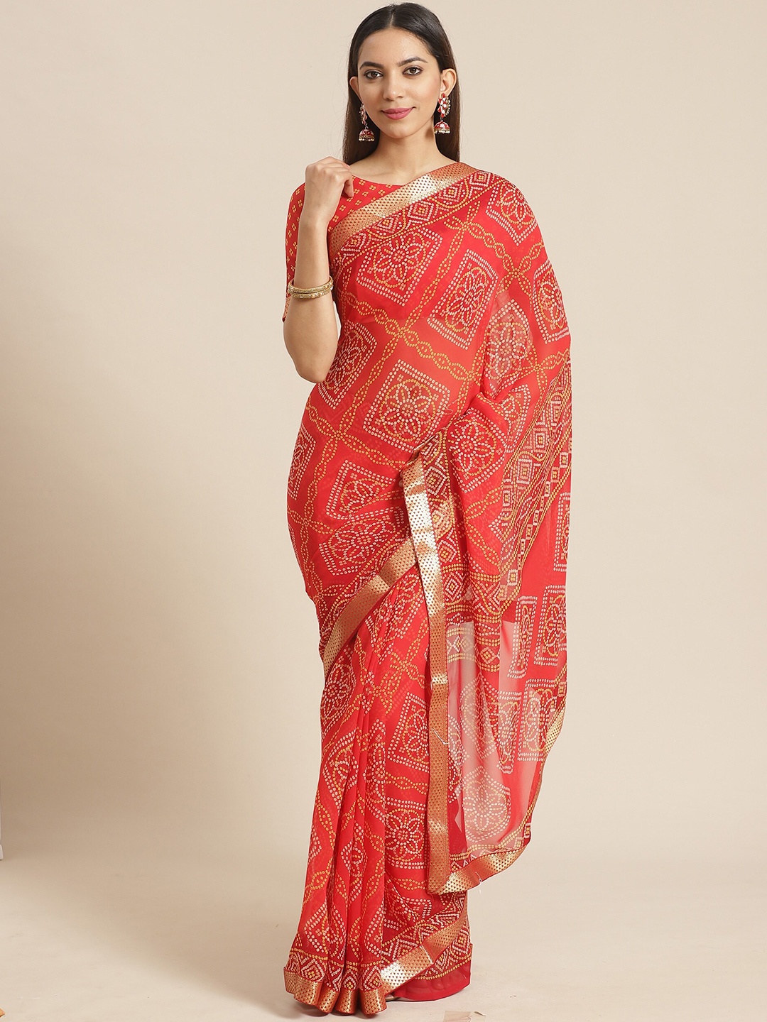 

Saree mall Red & Yellow Bandhani Zari Bandhani Sarees