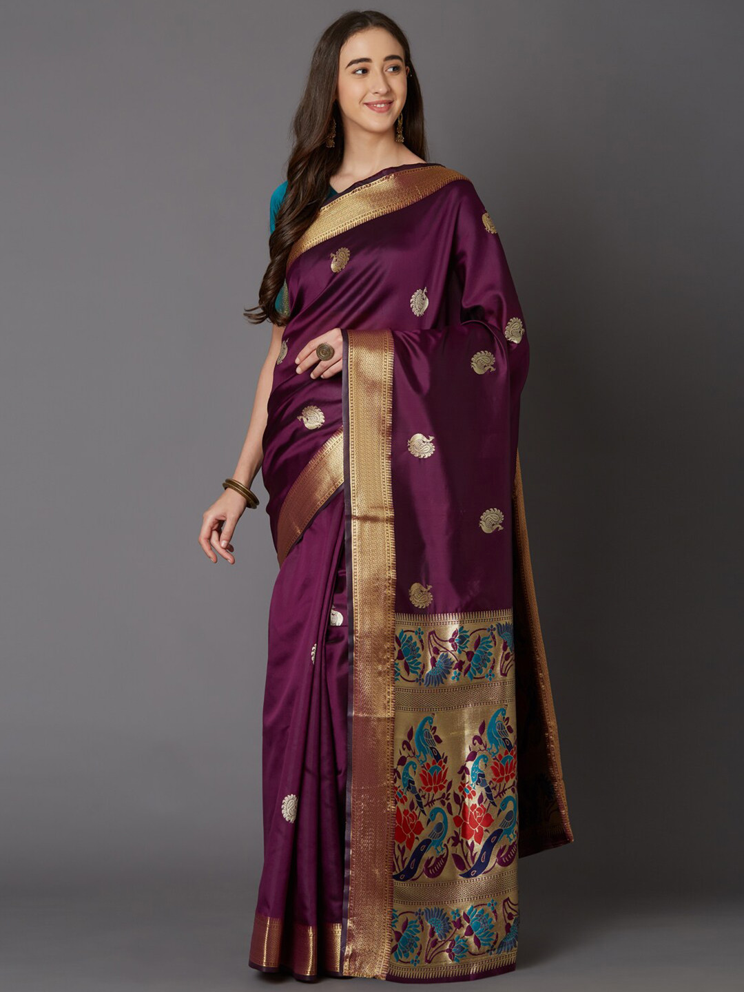 

Saree mall Purple & Teal Blue Woven Ethnic Motifs Banarasi Sarees
