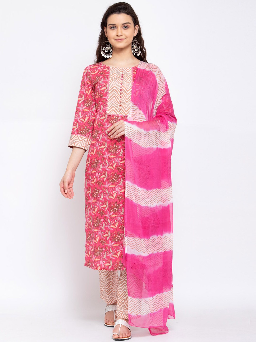 

Yuris Women Pink & Beige Ethnic Motifs Printed Pure Cotton Kurta with Trousers & Dupatta