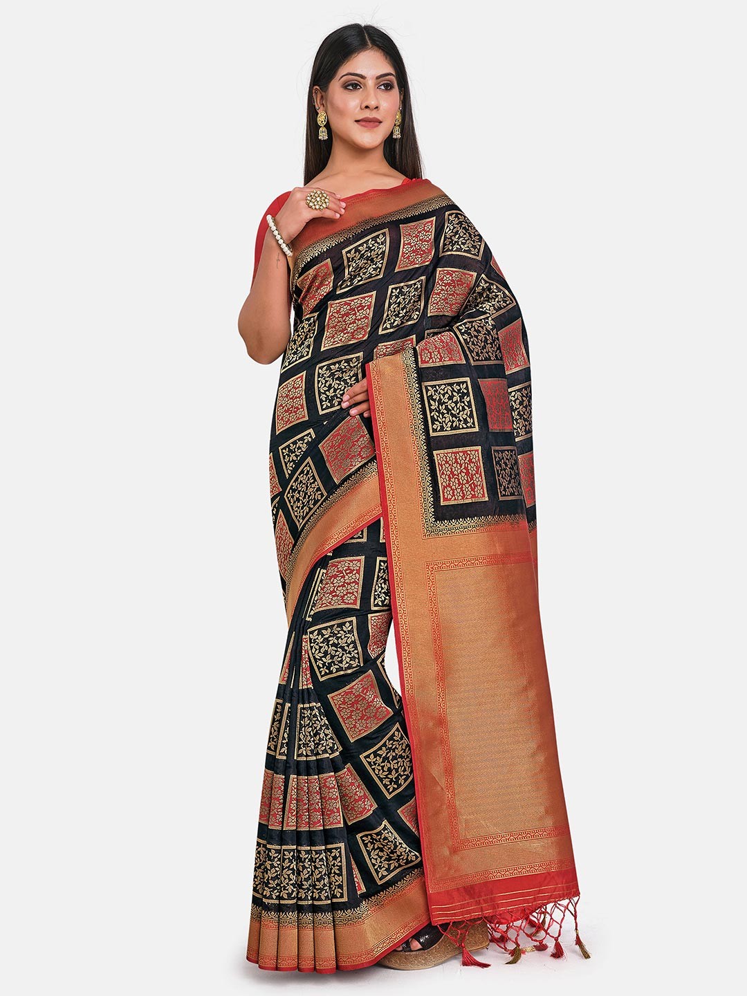 

MIMOSA Black & Red Woven Design Art Silk Kanjeevaram Saree With Tasseled Pallu