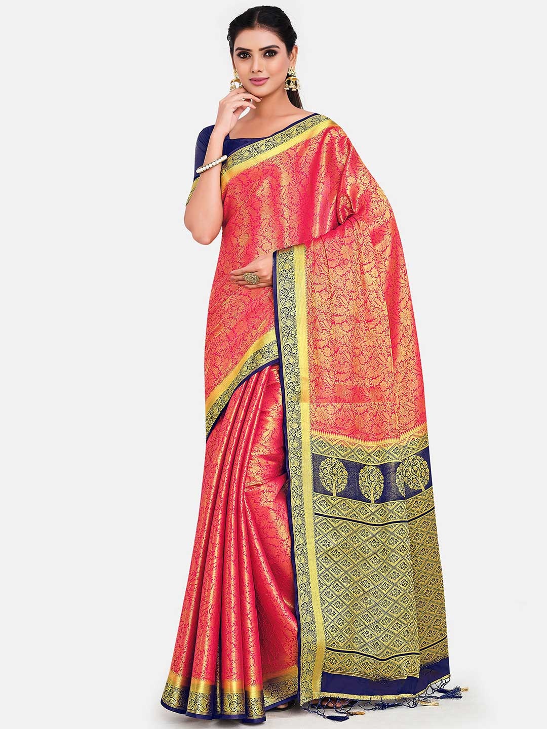 MIMOSA Pink & Blue Woven Design Zari Art Silk Kanjeevaram Saree