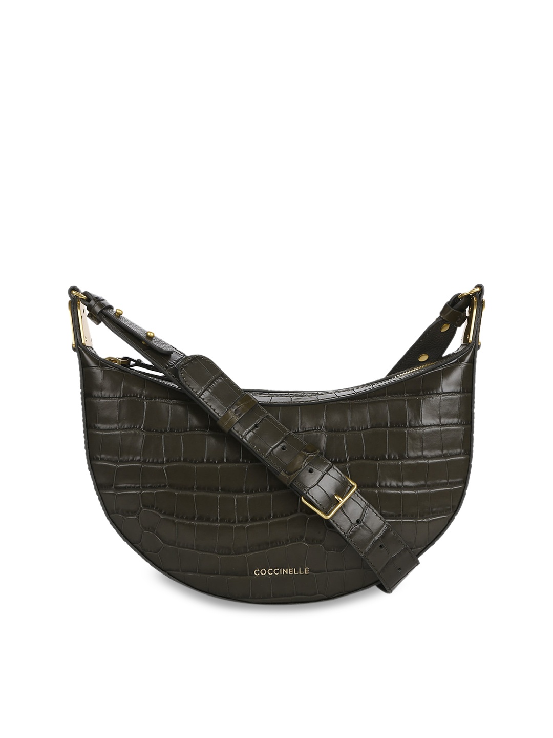 

Coccinelle Olive Green Animal Textured Leather Half Moon Sling Bag