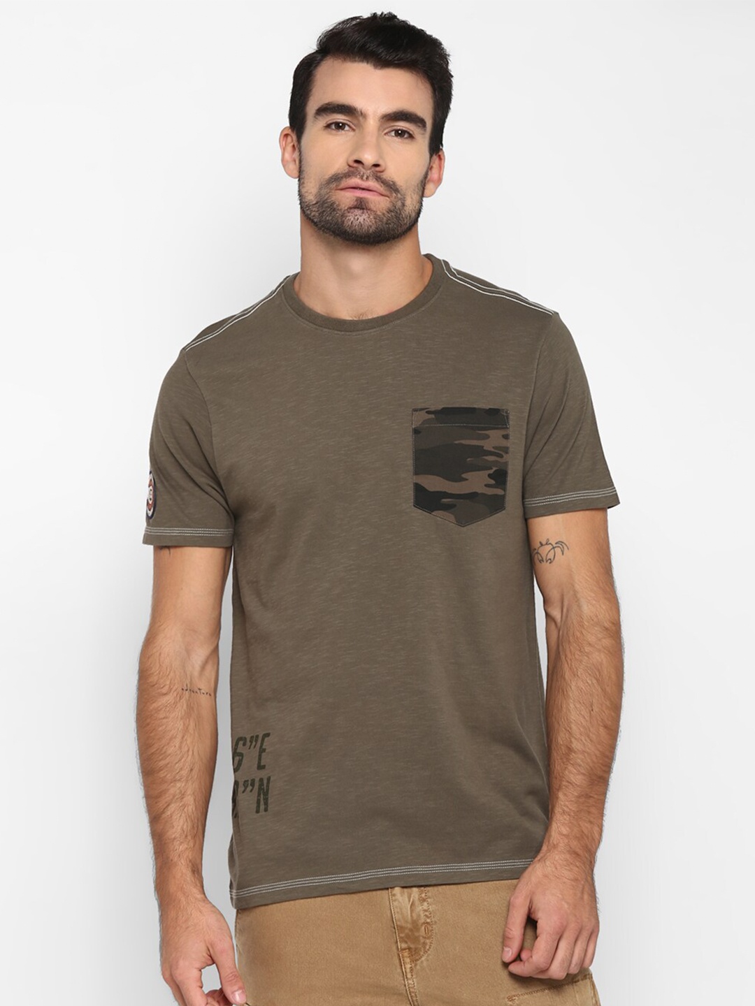 

Royal Enfield Men Olive Green Camouflage Pure Cotton T-shirt