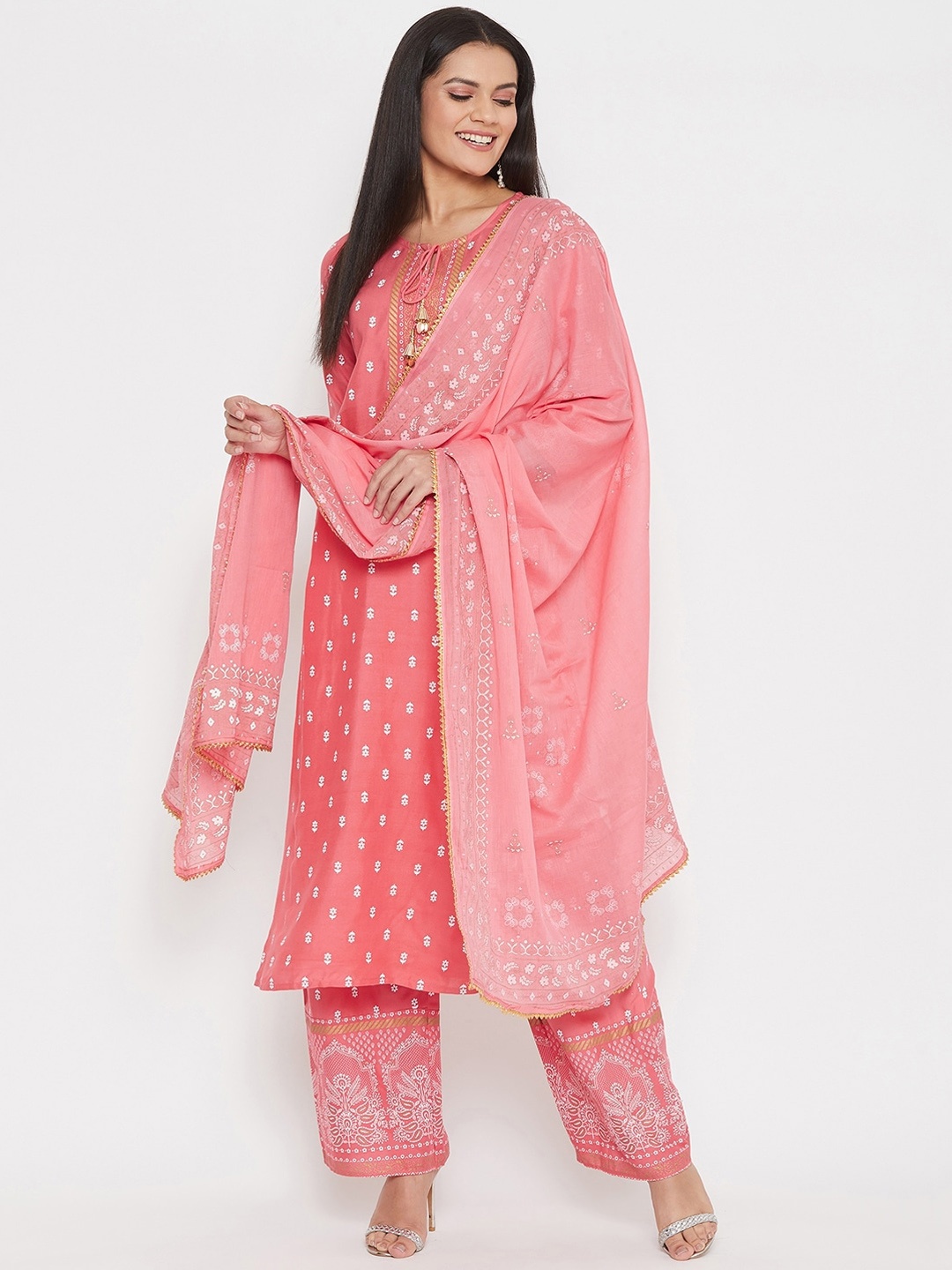 

Prakhya Women Pink Ethnic Motifs Printed Kurta with Palazzos & Dupatta