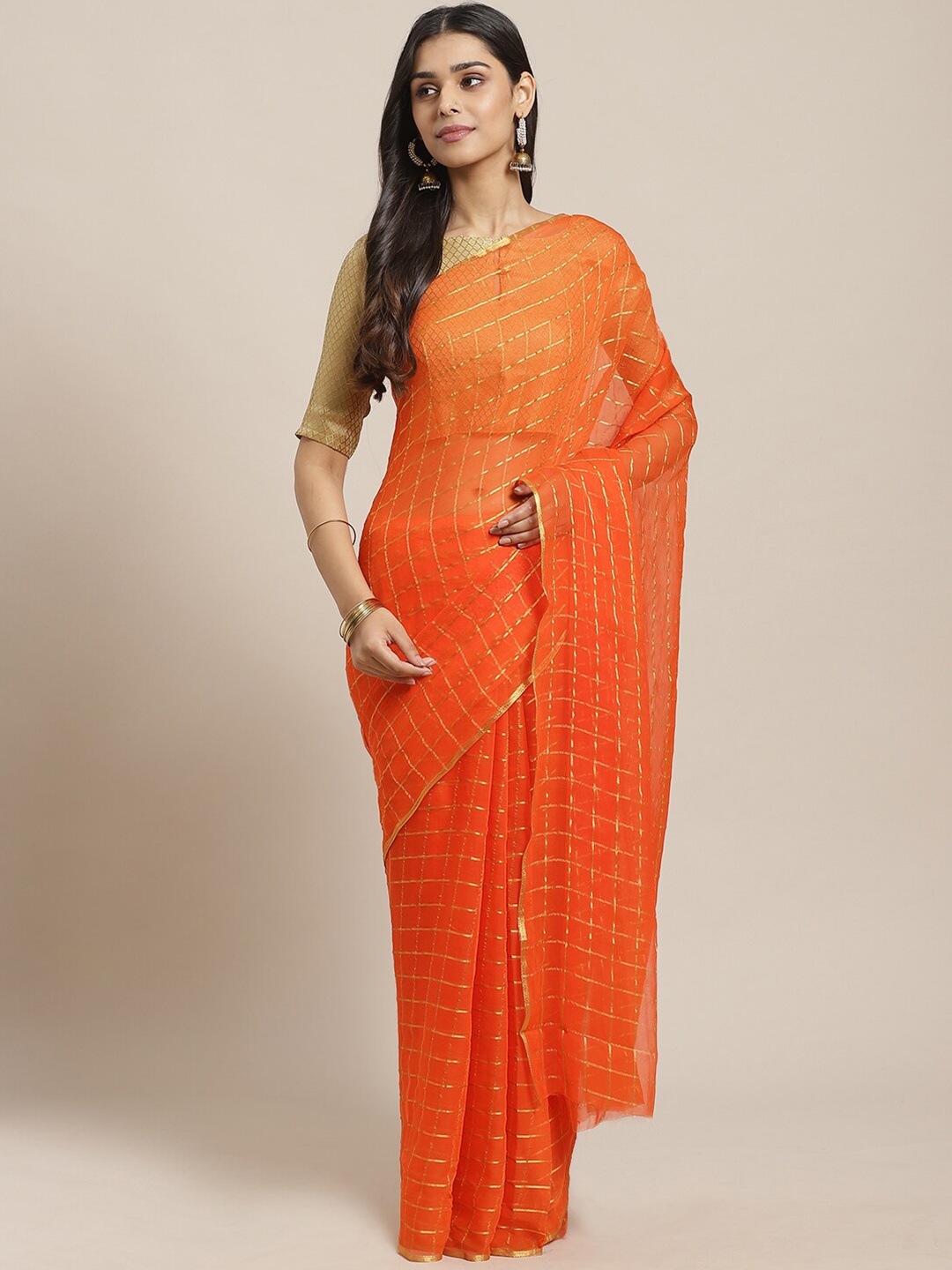 

Saree mall Orange & Gold-Toned Woven Design Zari Sarees