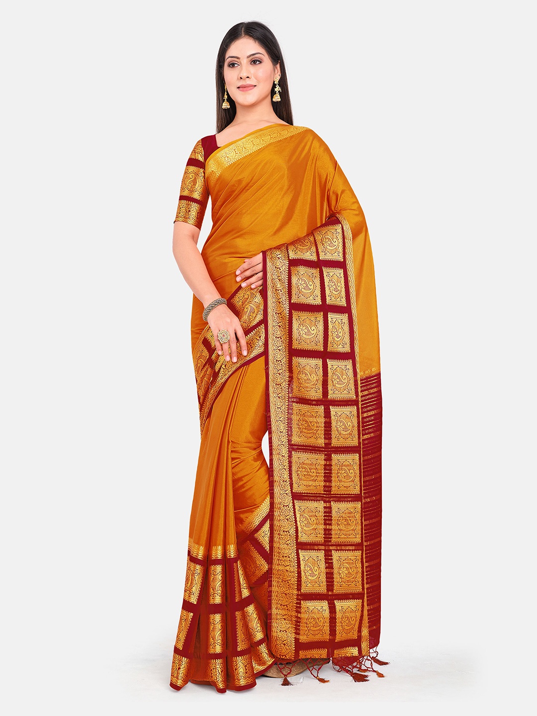 

MIMOSA Mustard & Maroon Zari Mysore Silk Saree