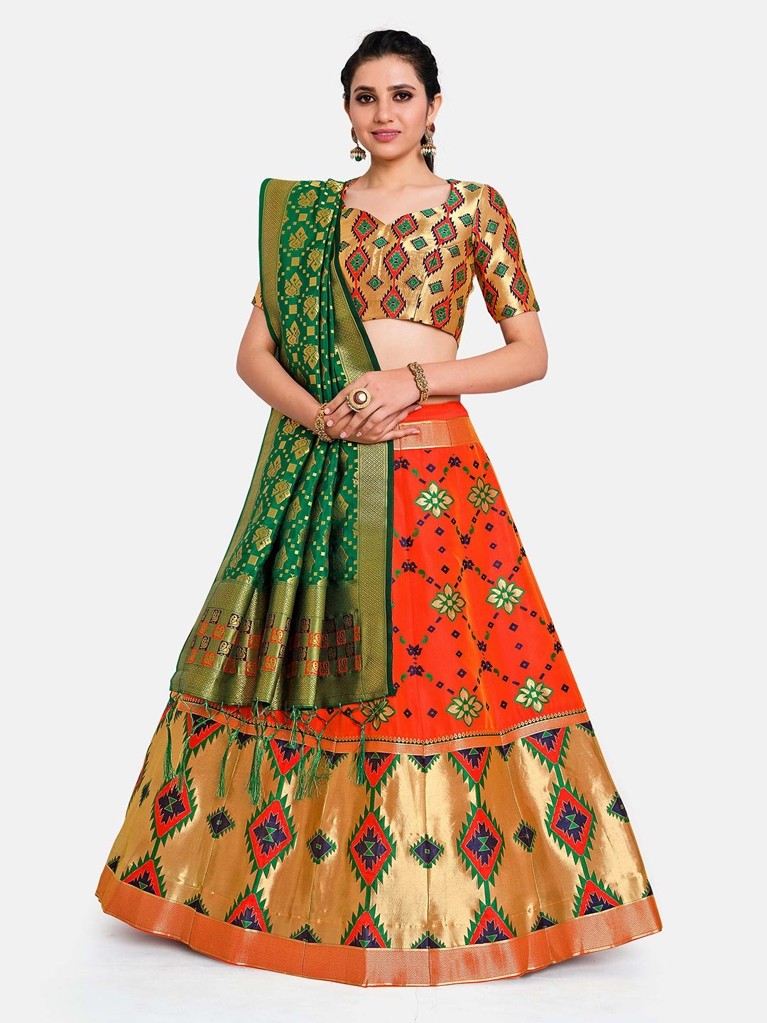 

MIMOSA Women Orange & Green Semi-Stitched Lehenga & Unstitched Blouse With Dupatta