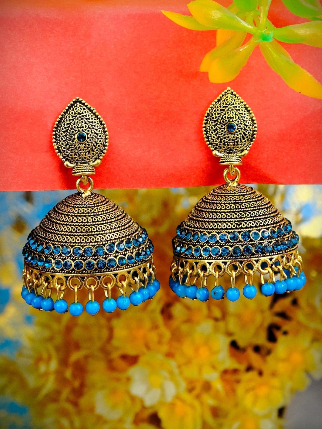 

Crunchy Fashion Blue Gold Plated Dome Shaped Jhumkas Earrings