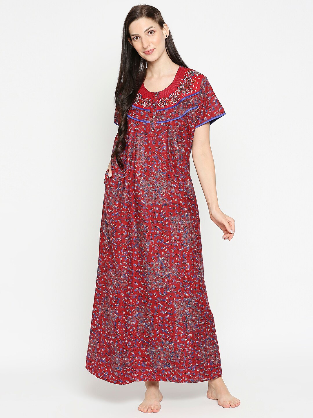 

Pretty Awesome Red Embroidered Cotton Maxi Nightdress