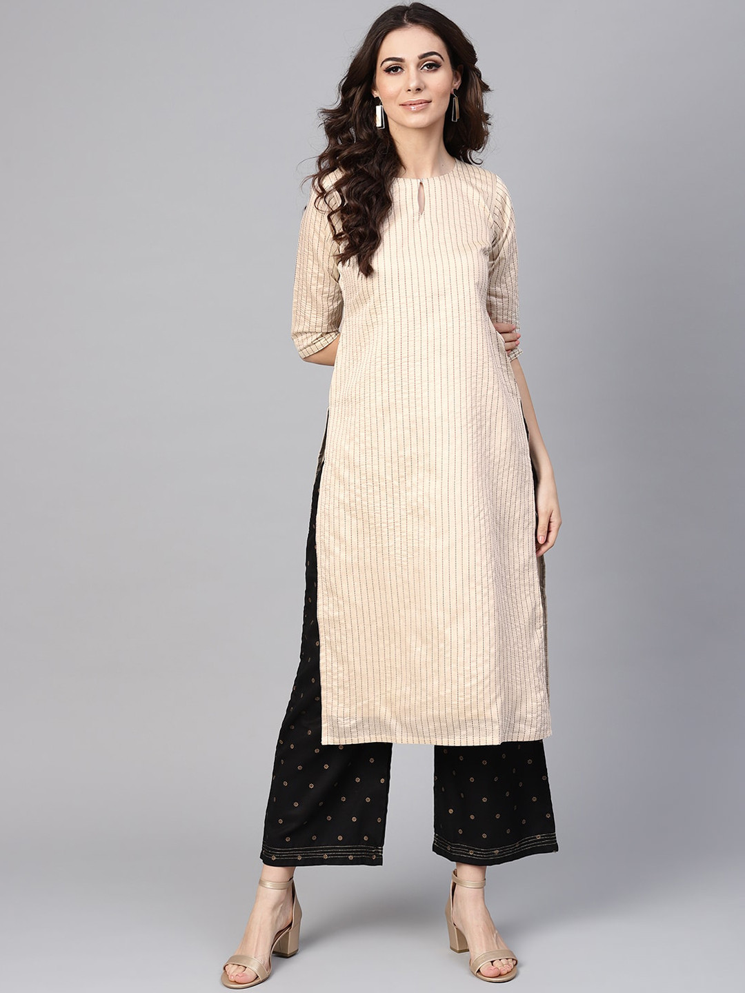 

Libas Women Beige Striped Keyhole Neck Thread Work Kurta