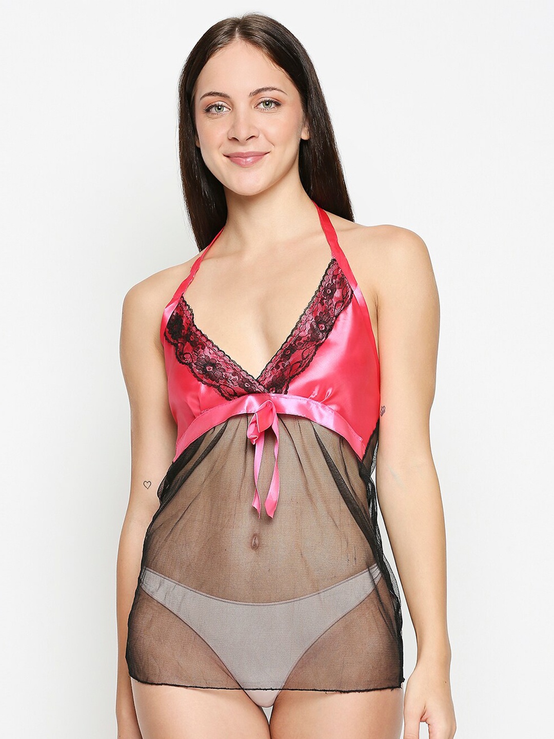 

XIN Black & Pink Net Printed Baby Doll