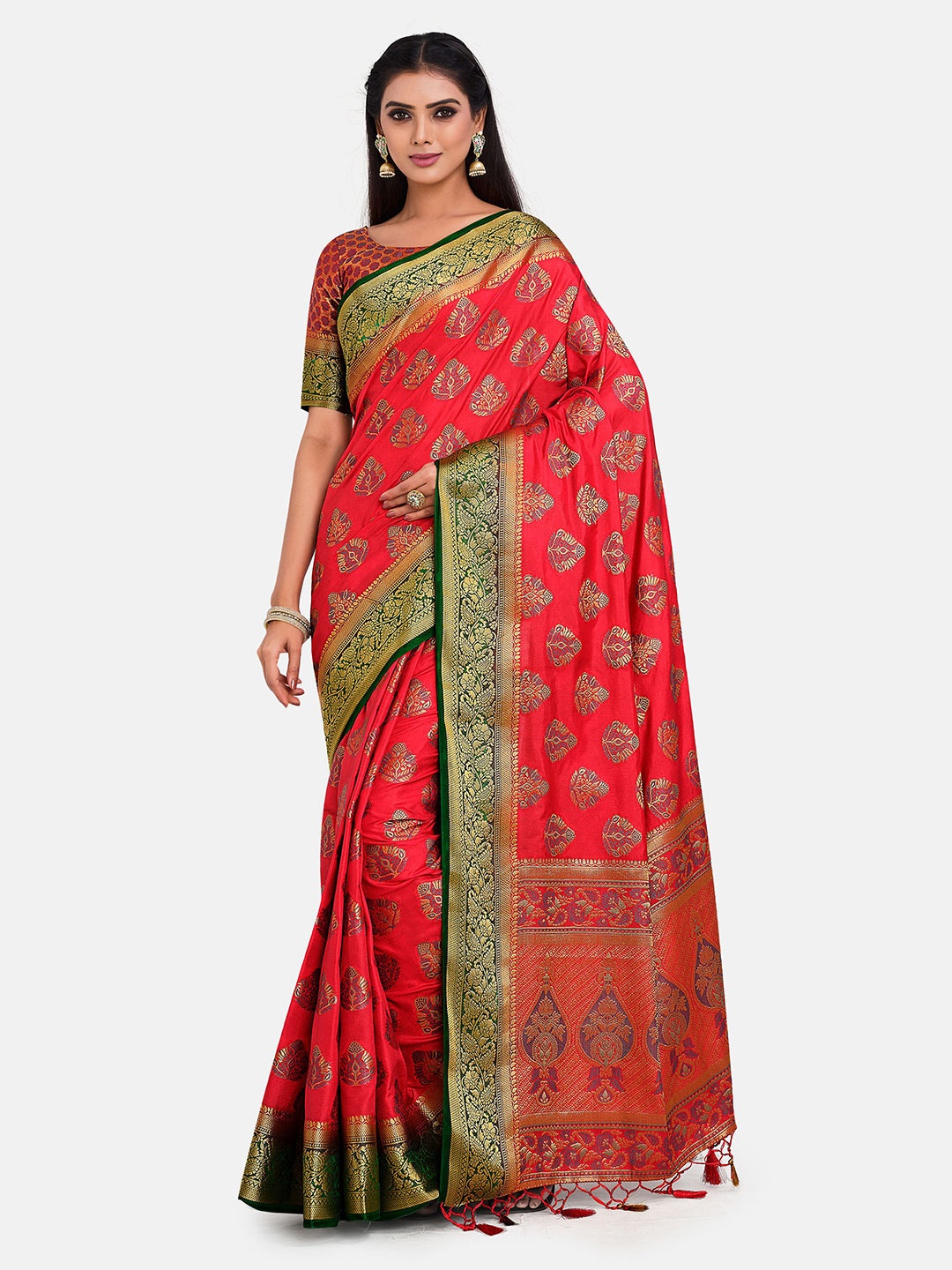 MIMOSA Red & Green Woven Design Zari Art Silk Kanjeevaram Saree