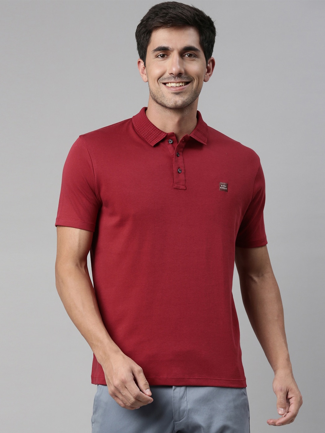

RARE RABBIT Men Red Polo Collar Applique Cotton T-shirt