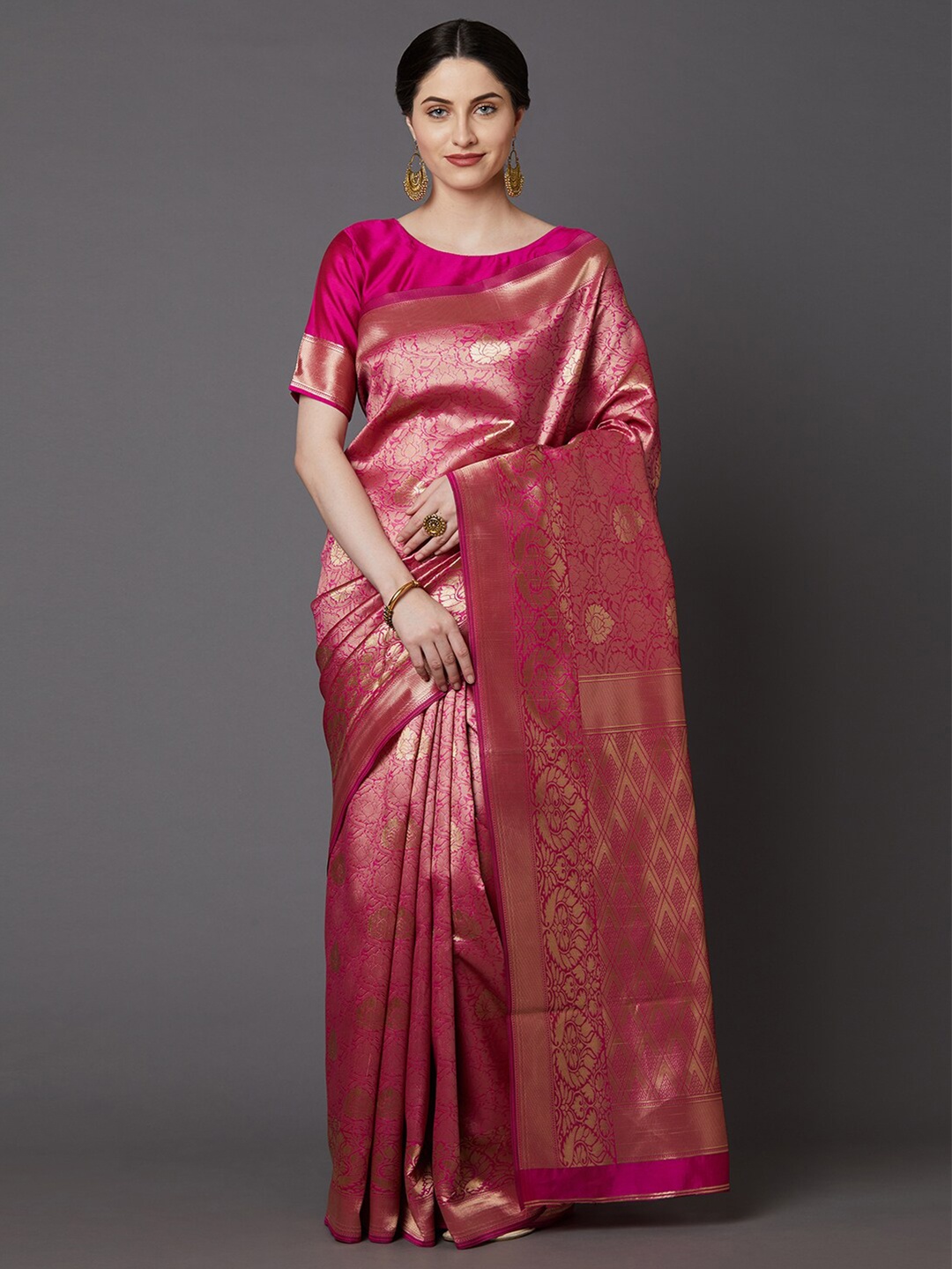 

Saree mall Pink & Gold-Toned Woven Design Zari Silk Blend Banarasi Sarees