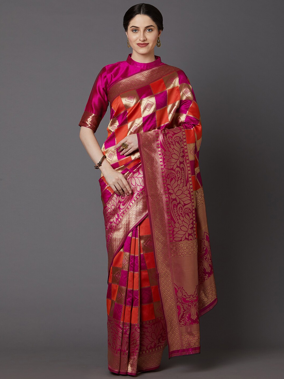 

Saree mall Women Pink & Orange Checked Zari Silk Blend Banarasi Sarees